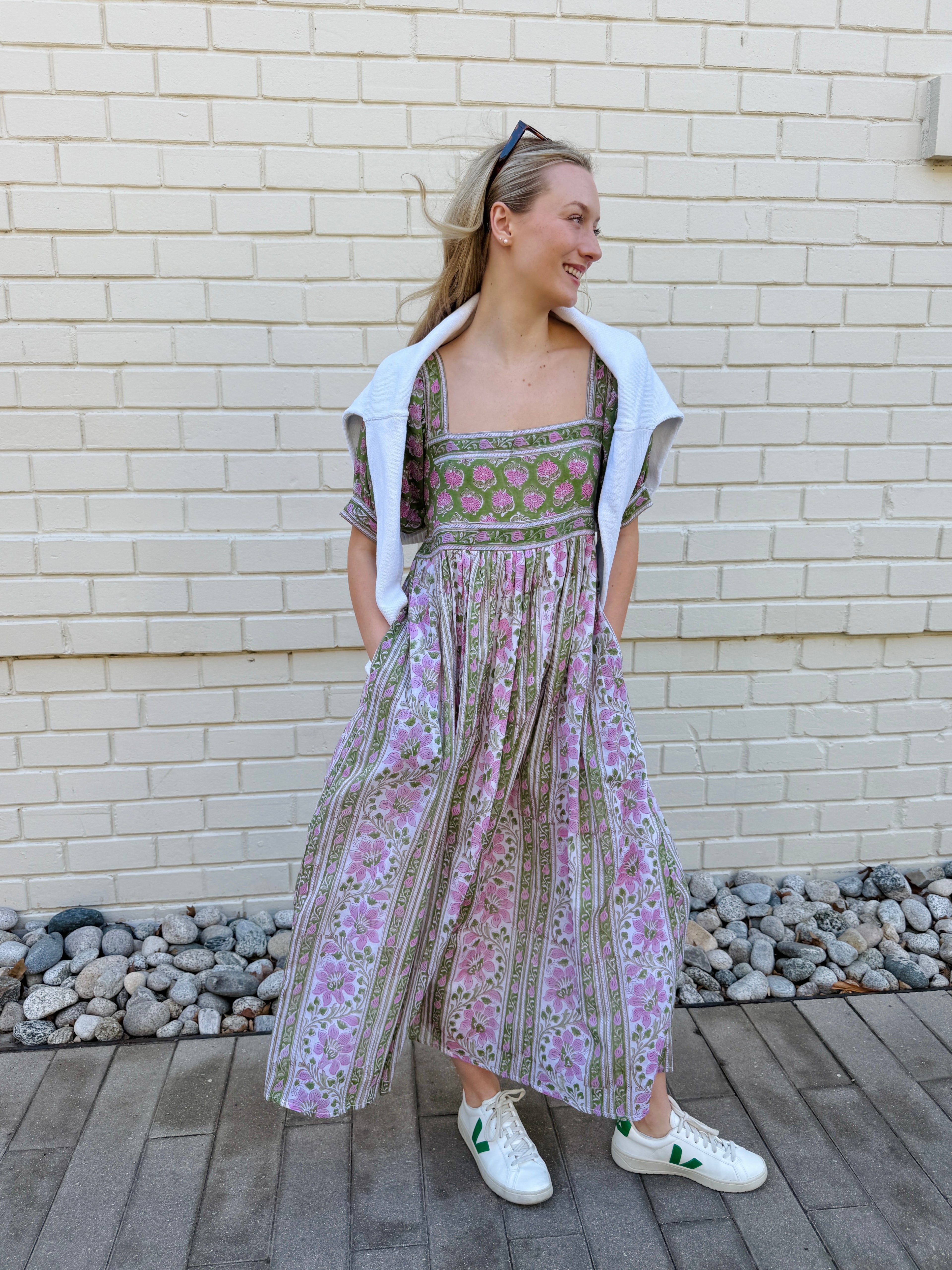 Lottie dress with puff sleeves in pink and green