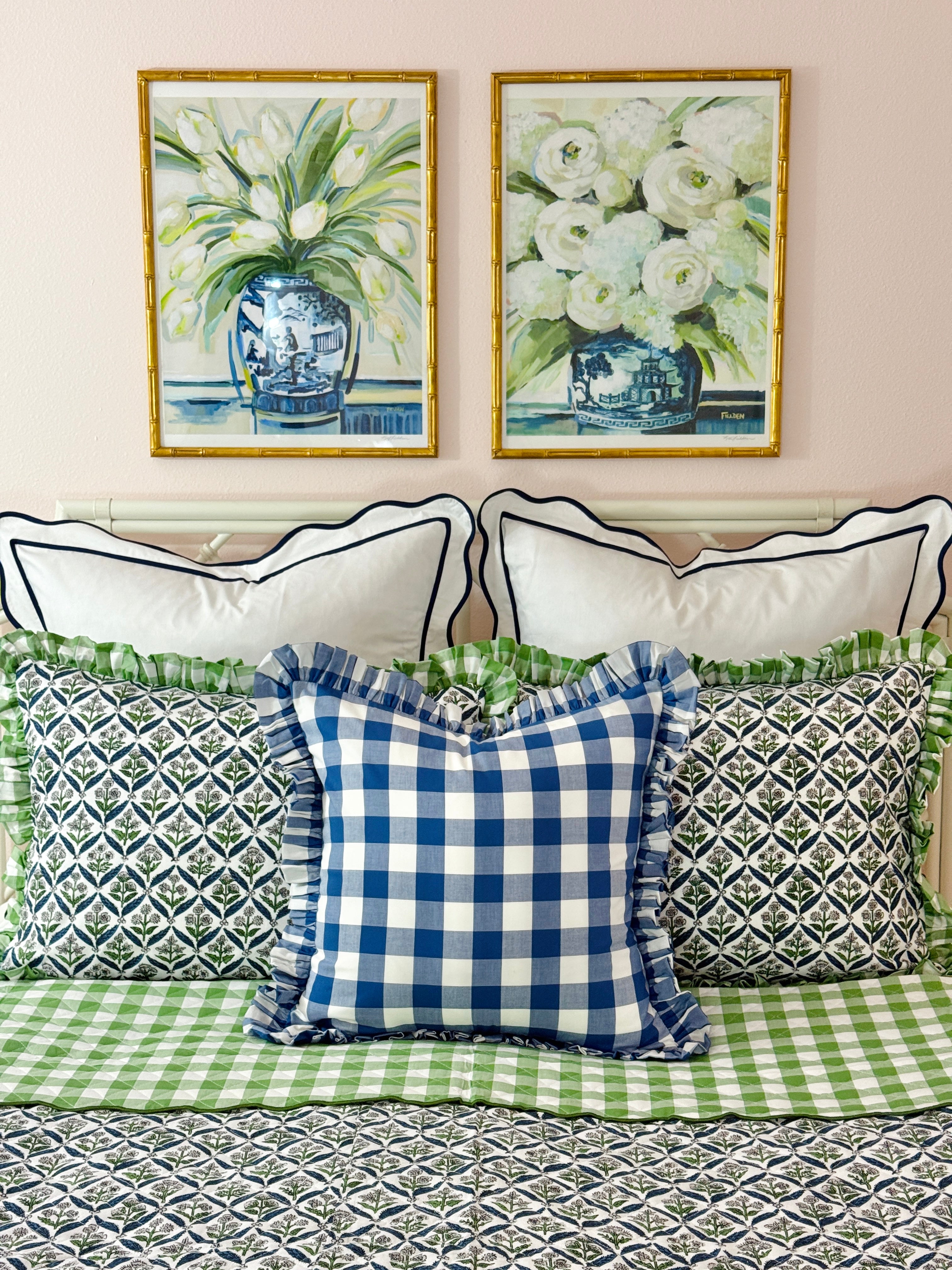 Blue and green floral trellis block print bedding collection