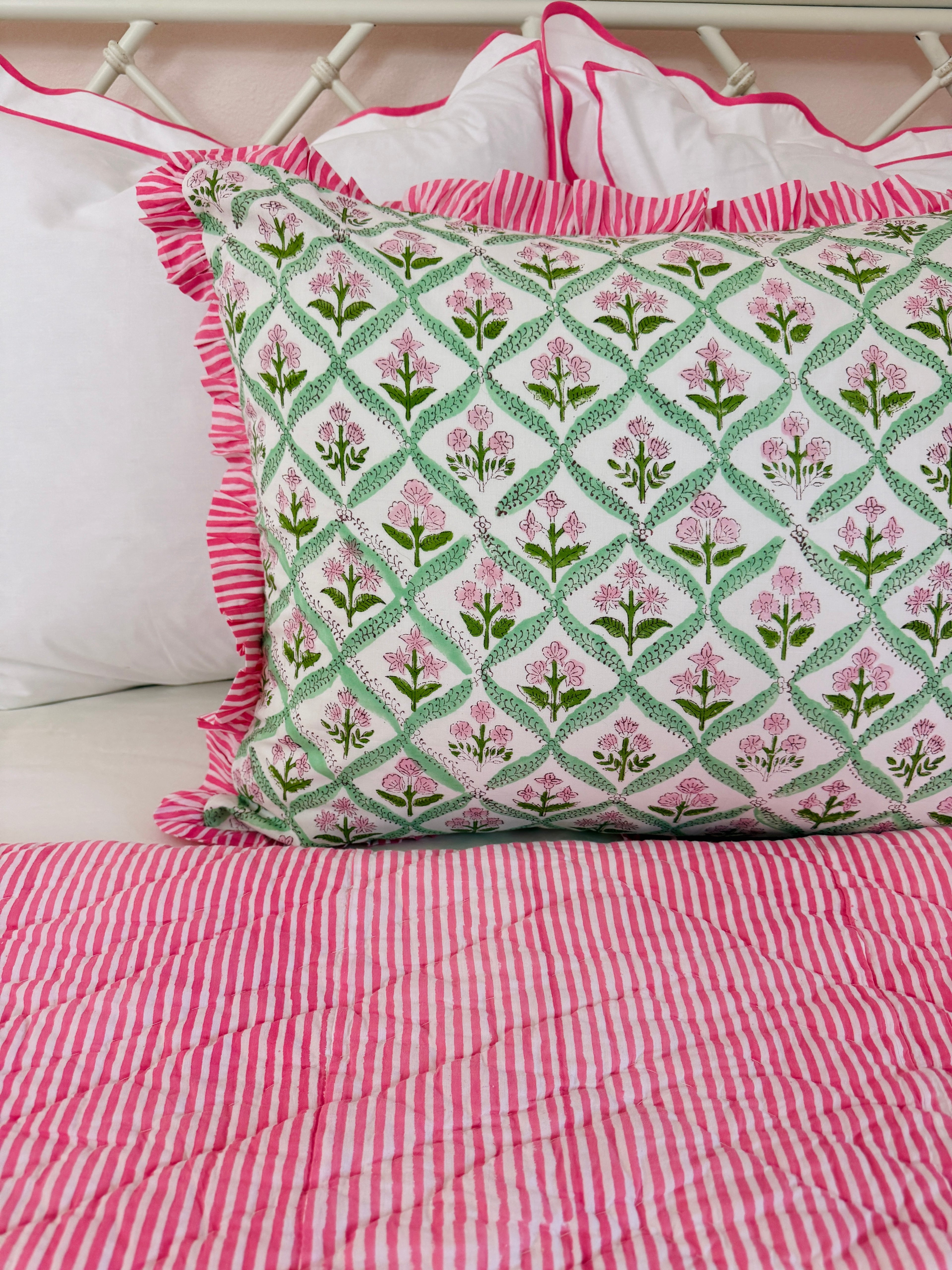 Hot pink and green floral trellis block print bedding collection