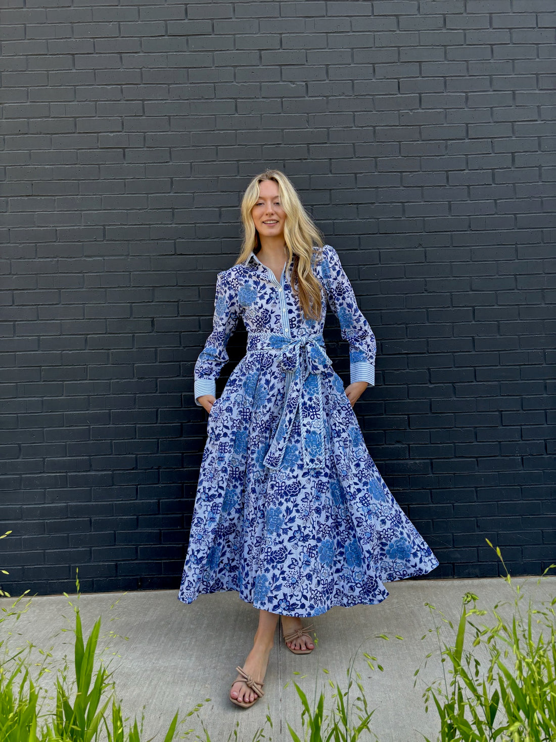The Mary maxi shirtdress in blue and white porcelain block print