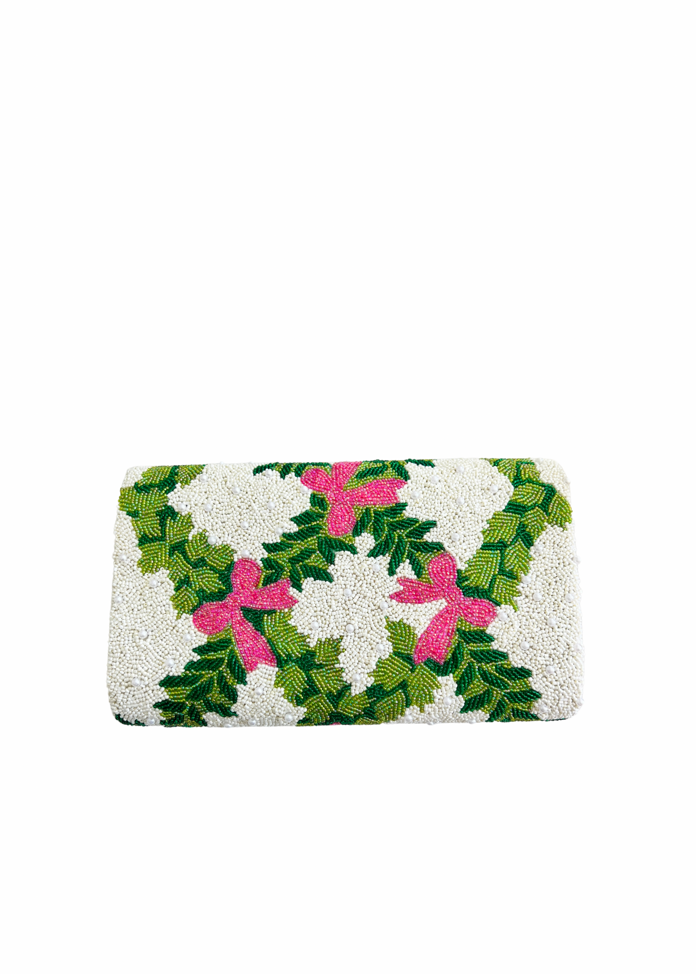Hand beaded pink bows and green trellis clutch