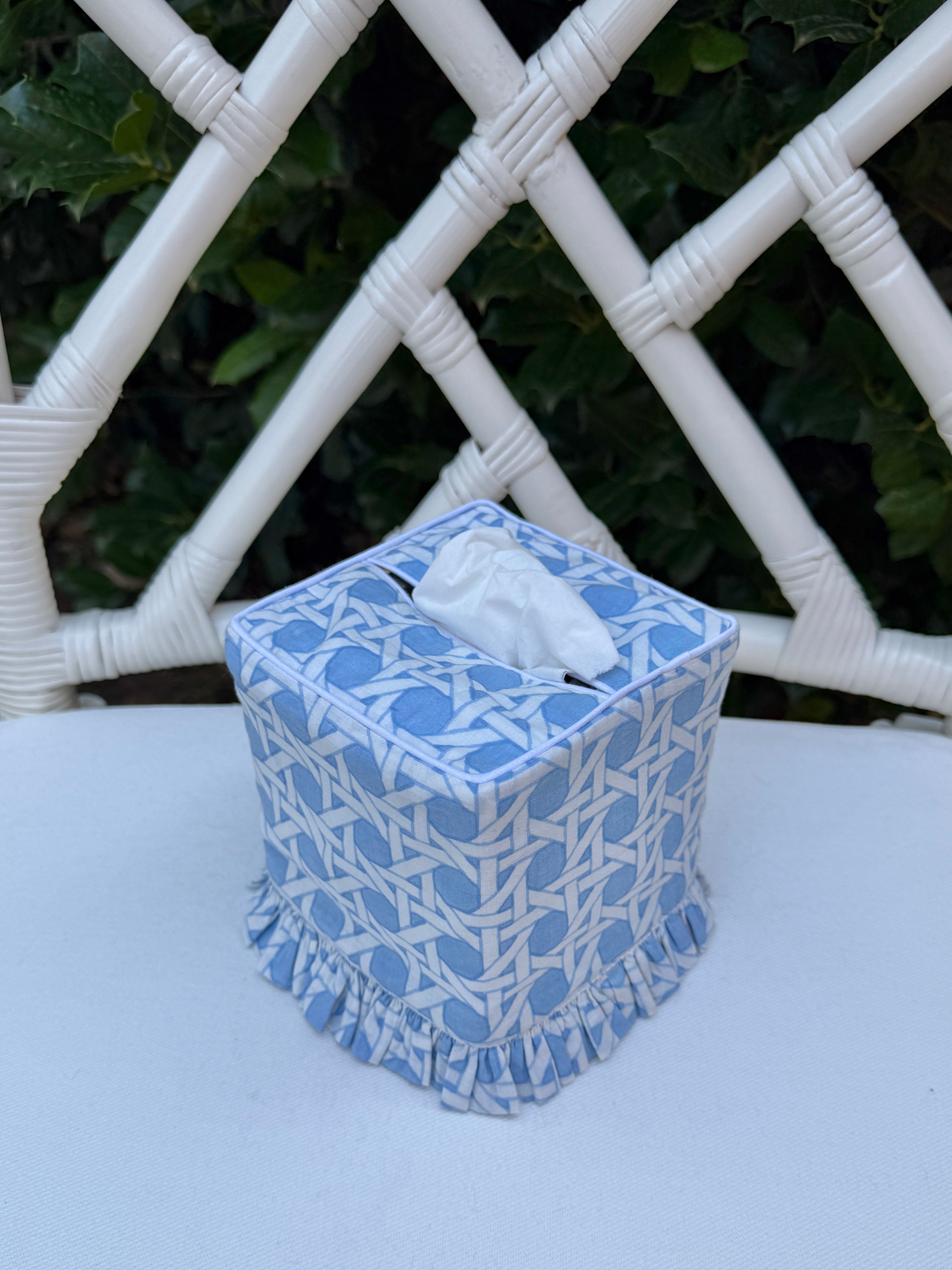 Light blue cane trellis block printed ruffle tissue cover, custom monogram available