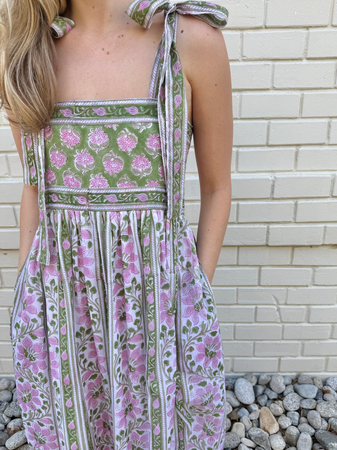 Lottie dress with tie shoulders in pink and green