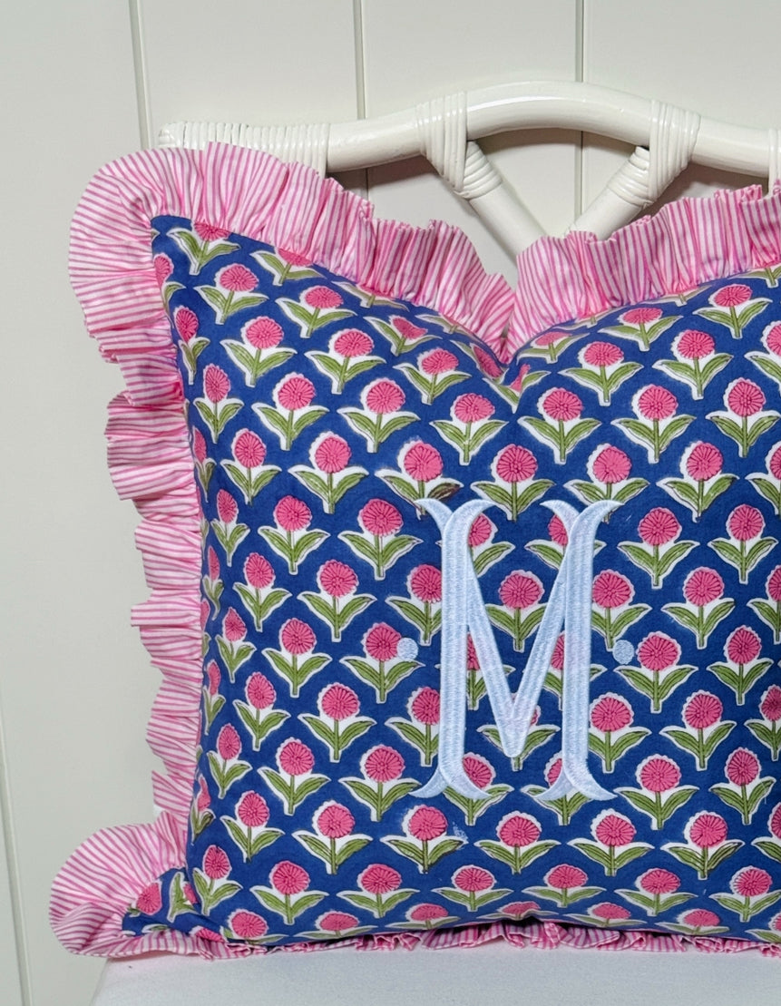 Violet and pink block print floral pillow cover, monogram available