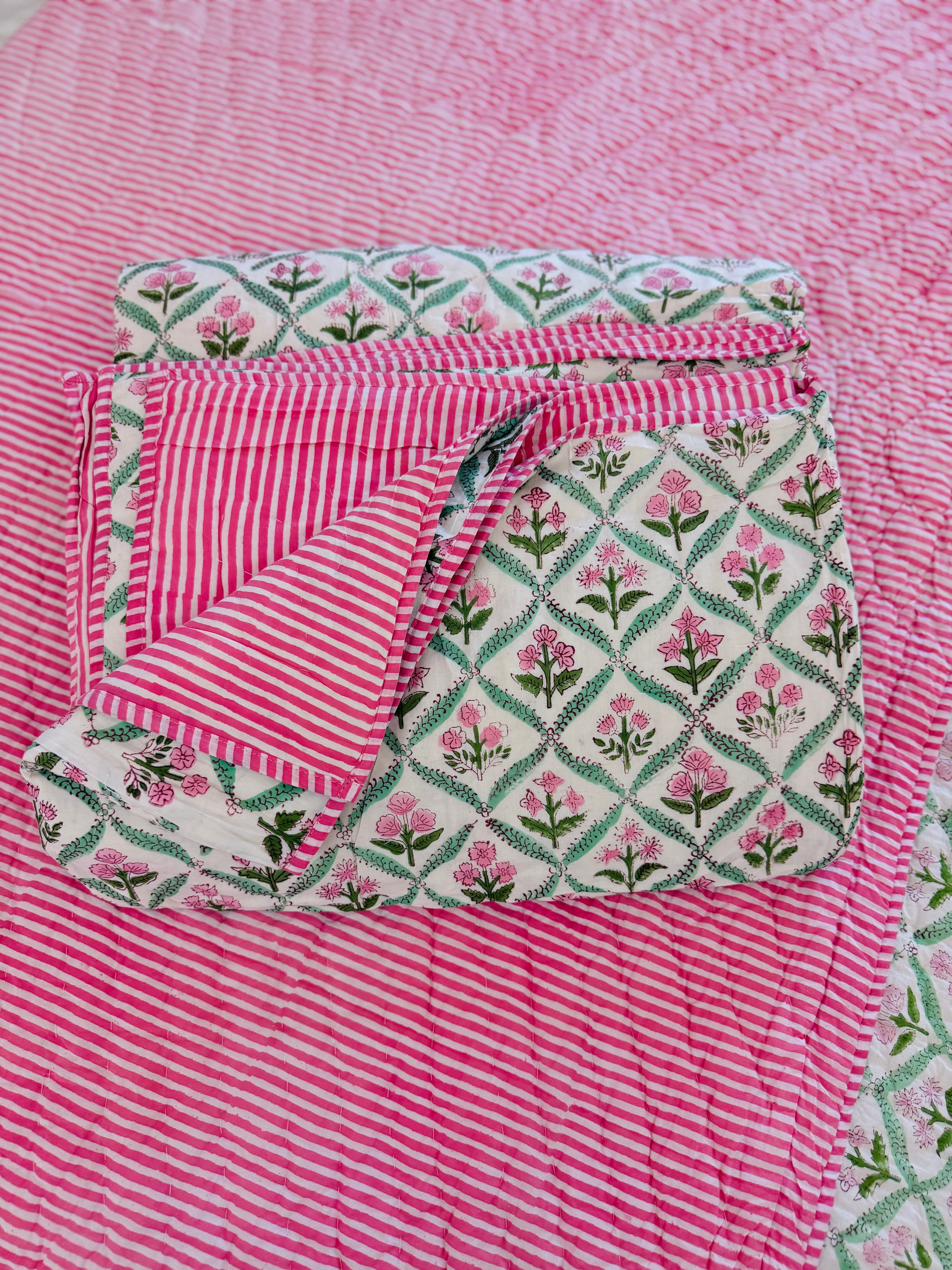 Hot pink and green floral trellis block print bedding collection