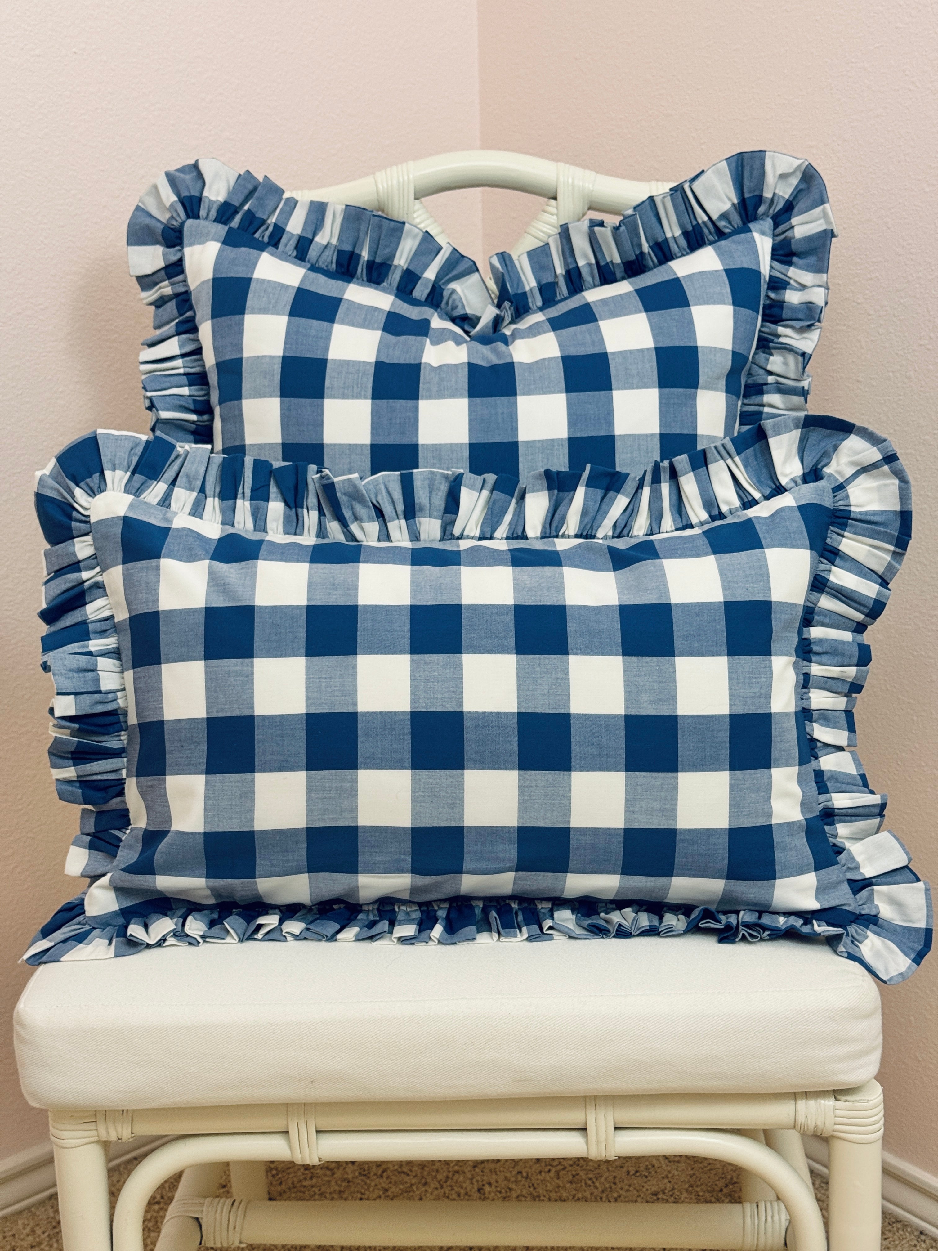 Blue buffalo check ruffle pillow cover