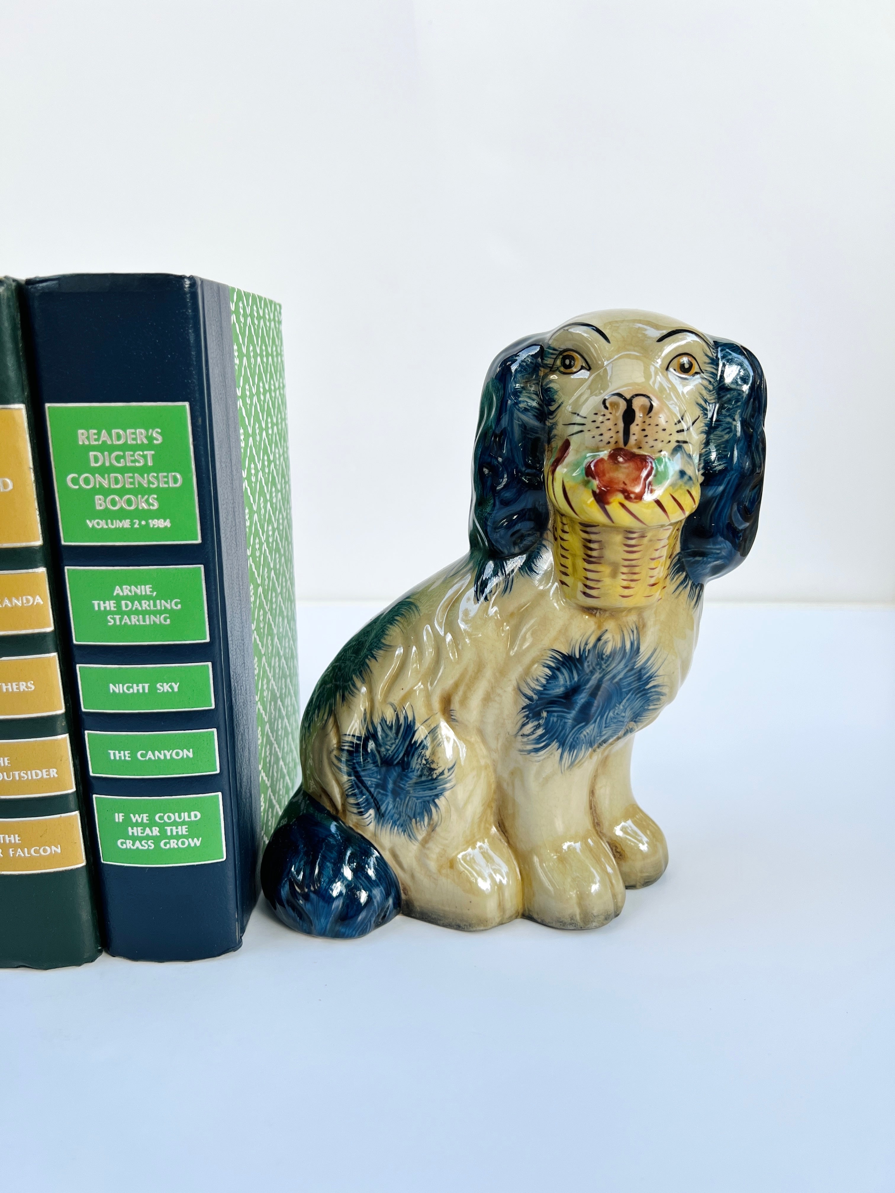 Staffordshire dog pair with flower baskets- blue