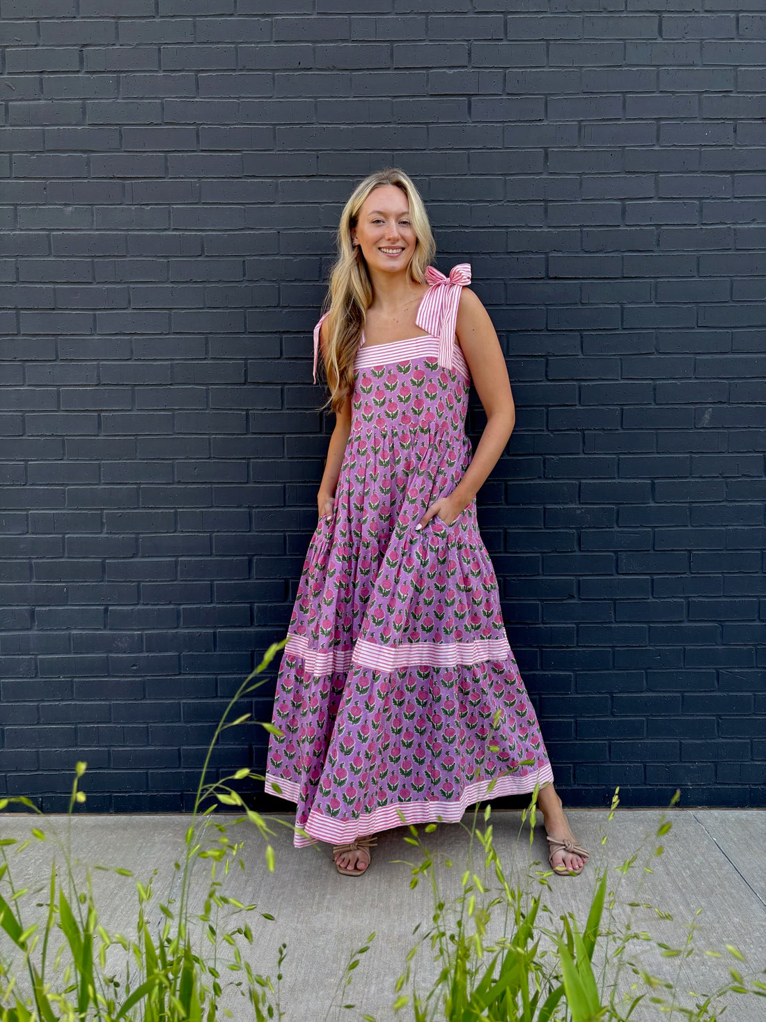 Maisie Maxi Dress in Pink Posy block print