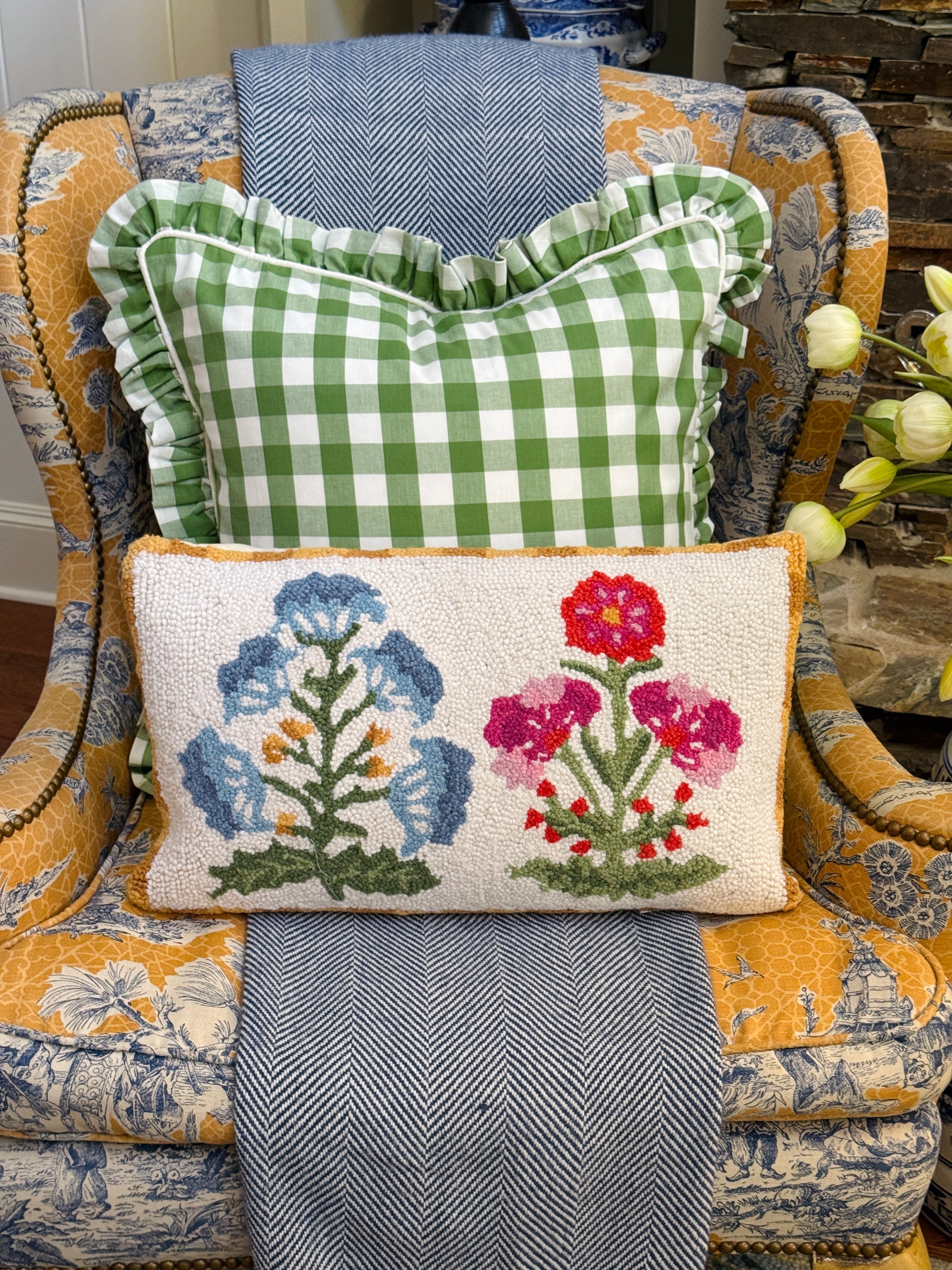 Mughal pink and blue flower hand hooked lumbar pillow