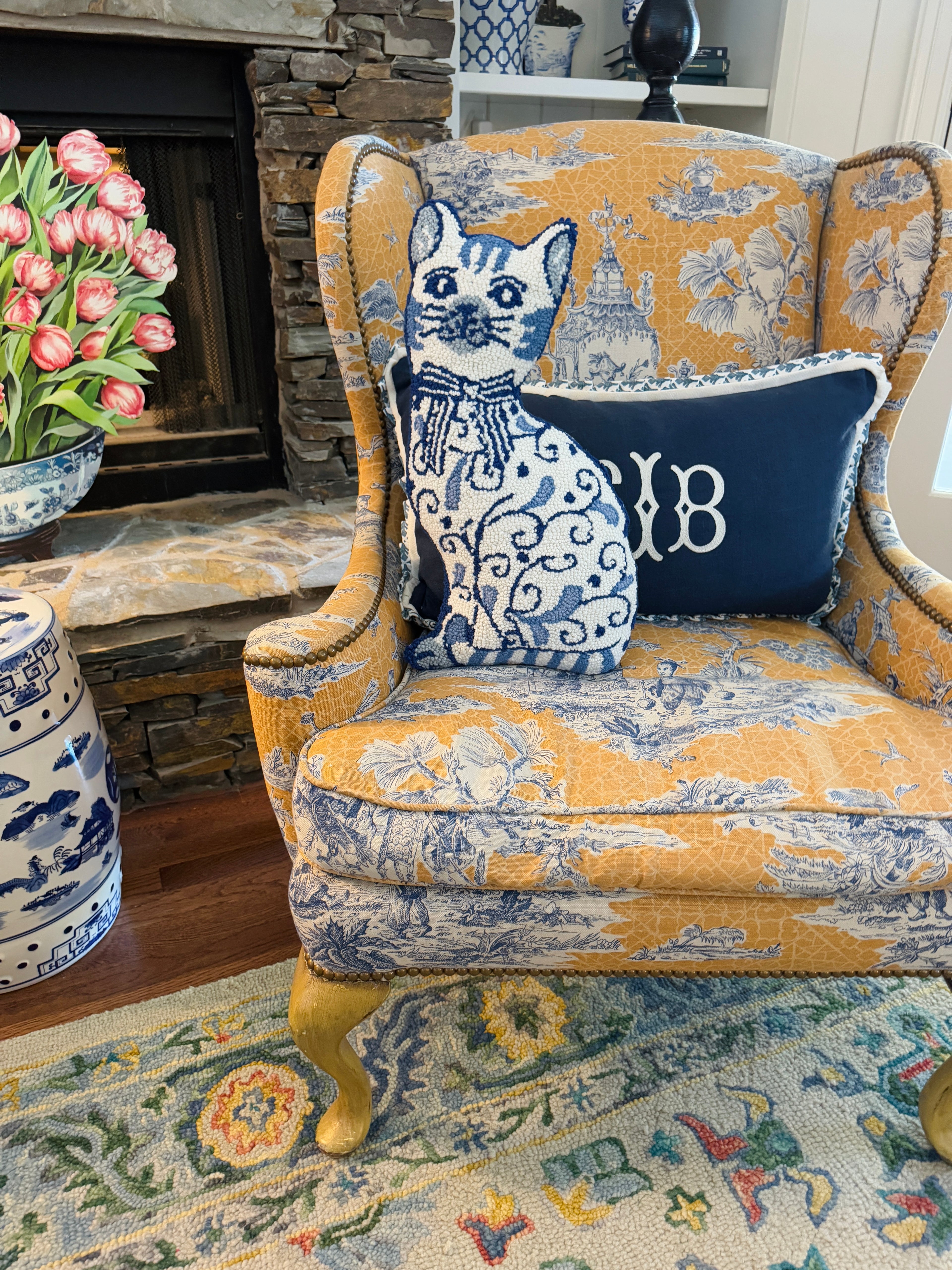 Blue and white chinoiserie cat pillow