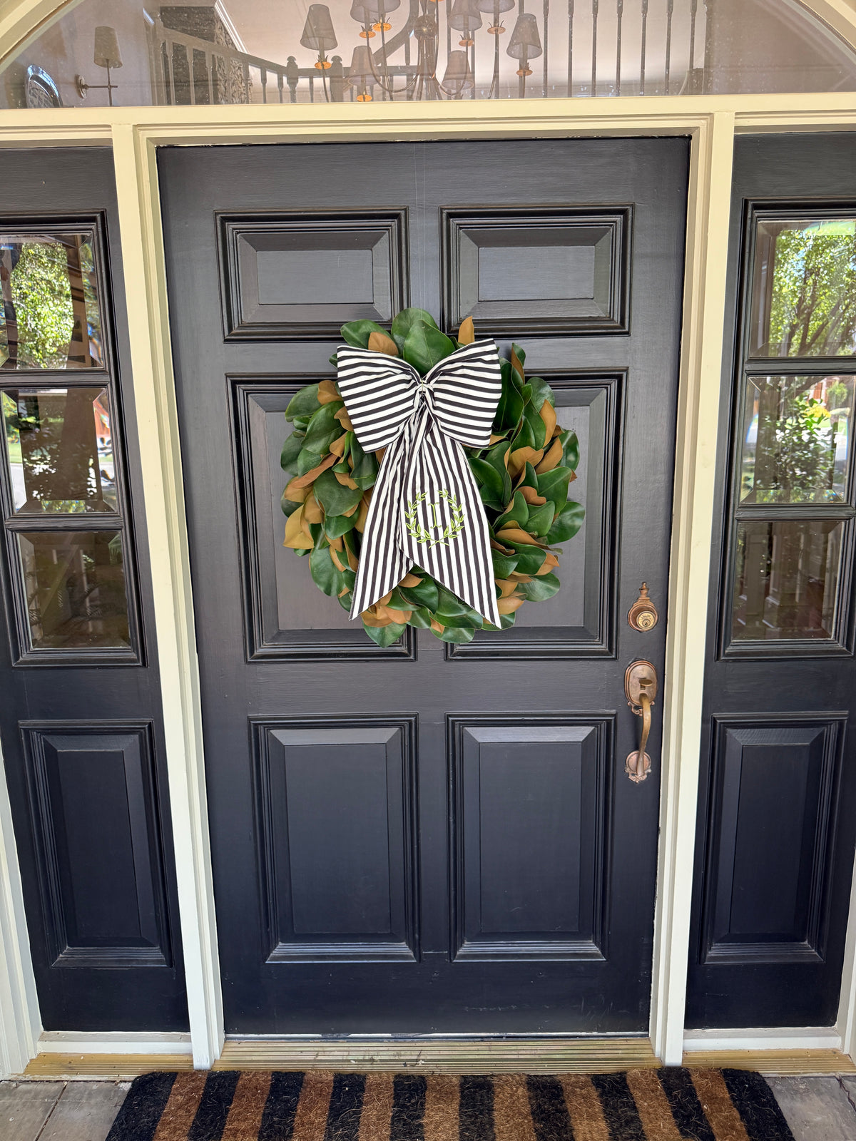 Black and white stripe signature wreath sash monogram available