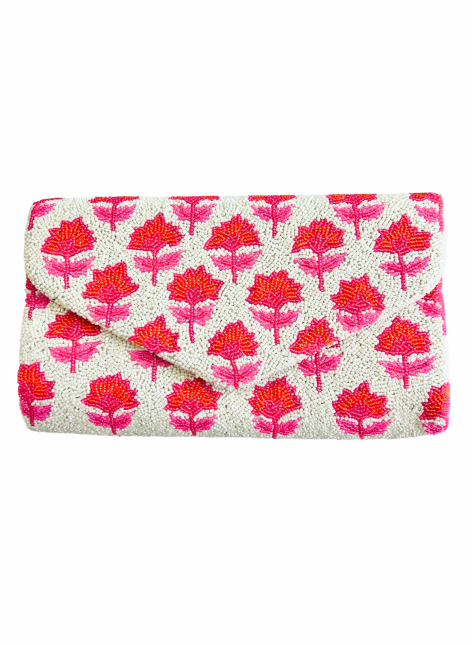 Hand beaded pink and orange block print floral trellis clutch