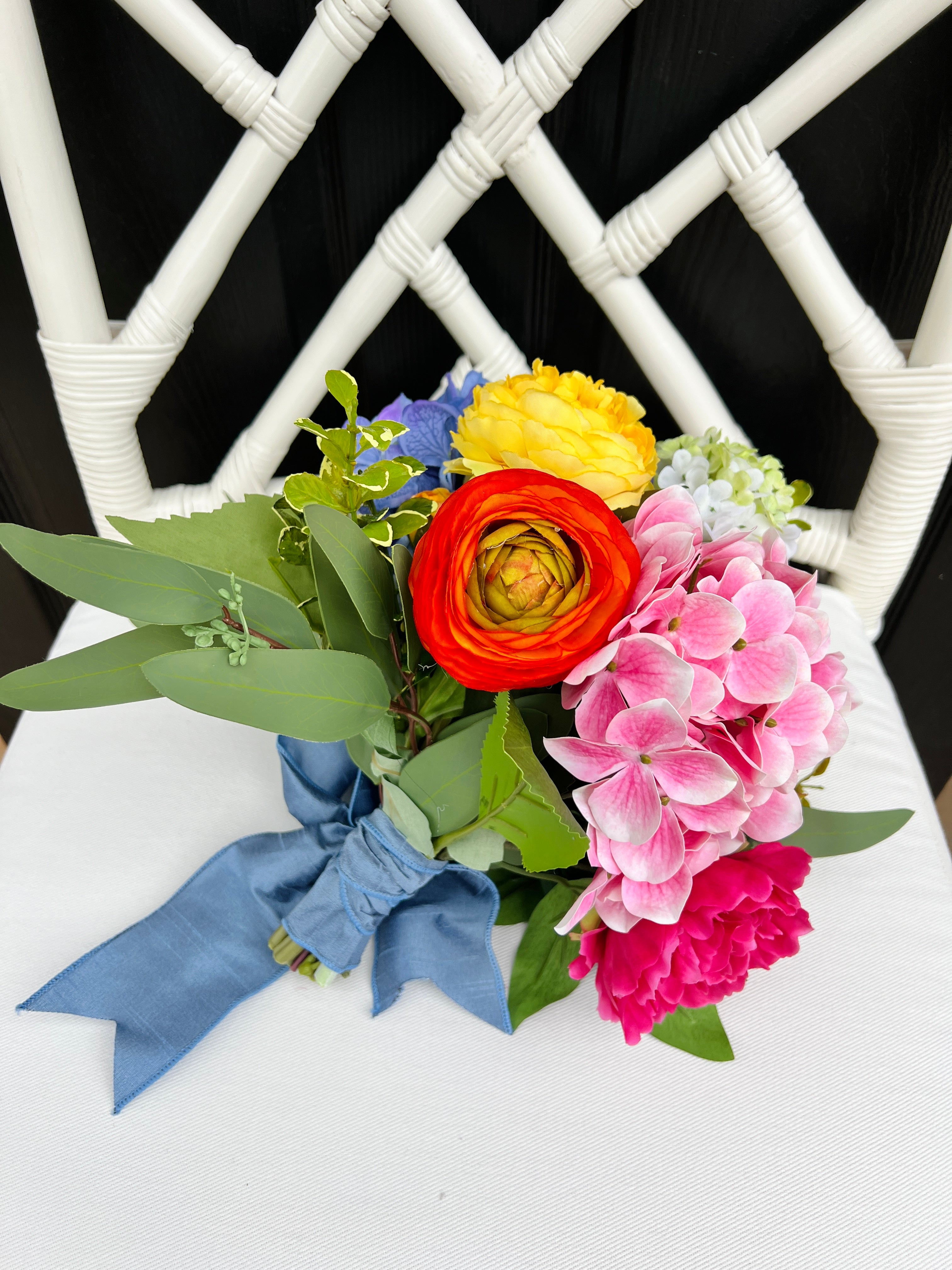 Faux flower drop-in bouquet arrangement, bright colors mixed floral