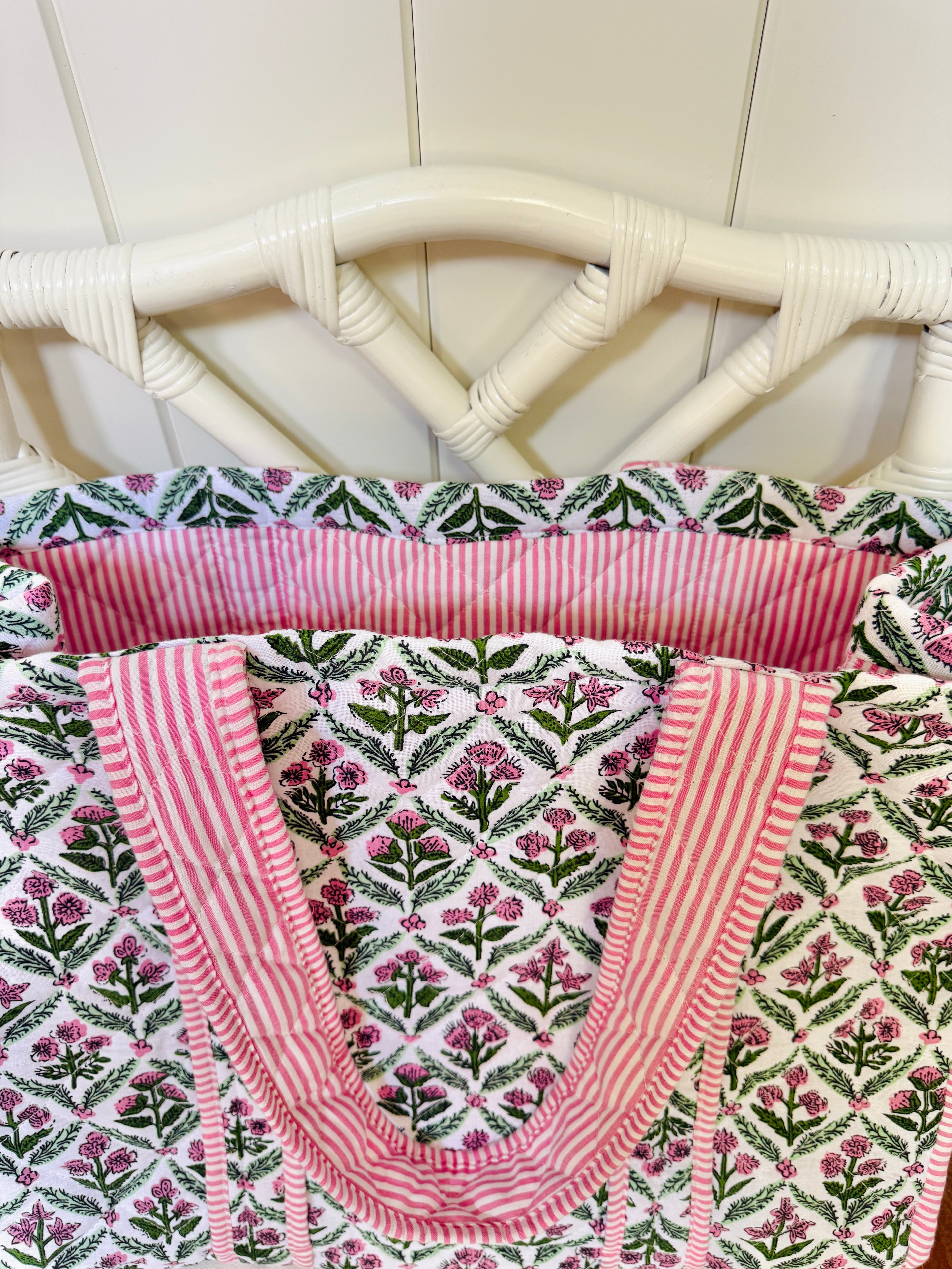 Pink and green quilted block print oversized tote bag monogram available