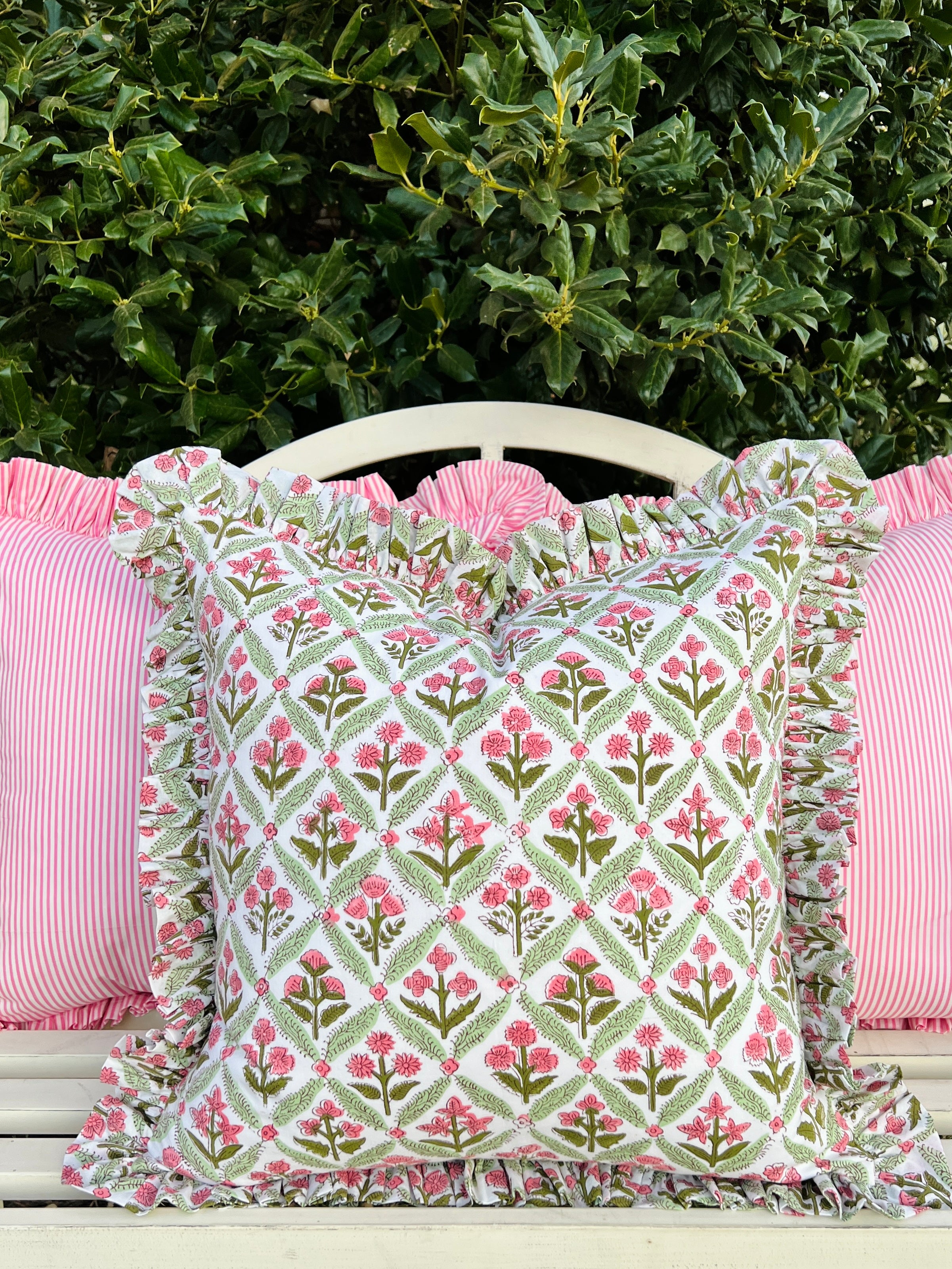 Rose and green floral trellis block print ruffle pillow cover