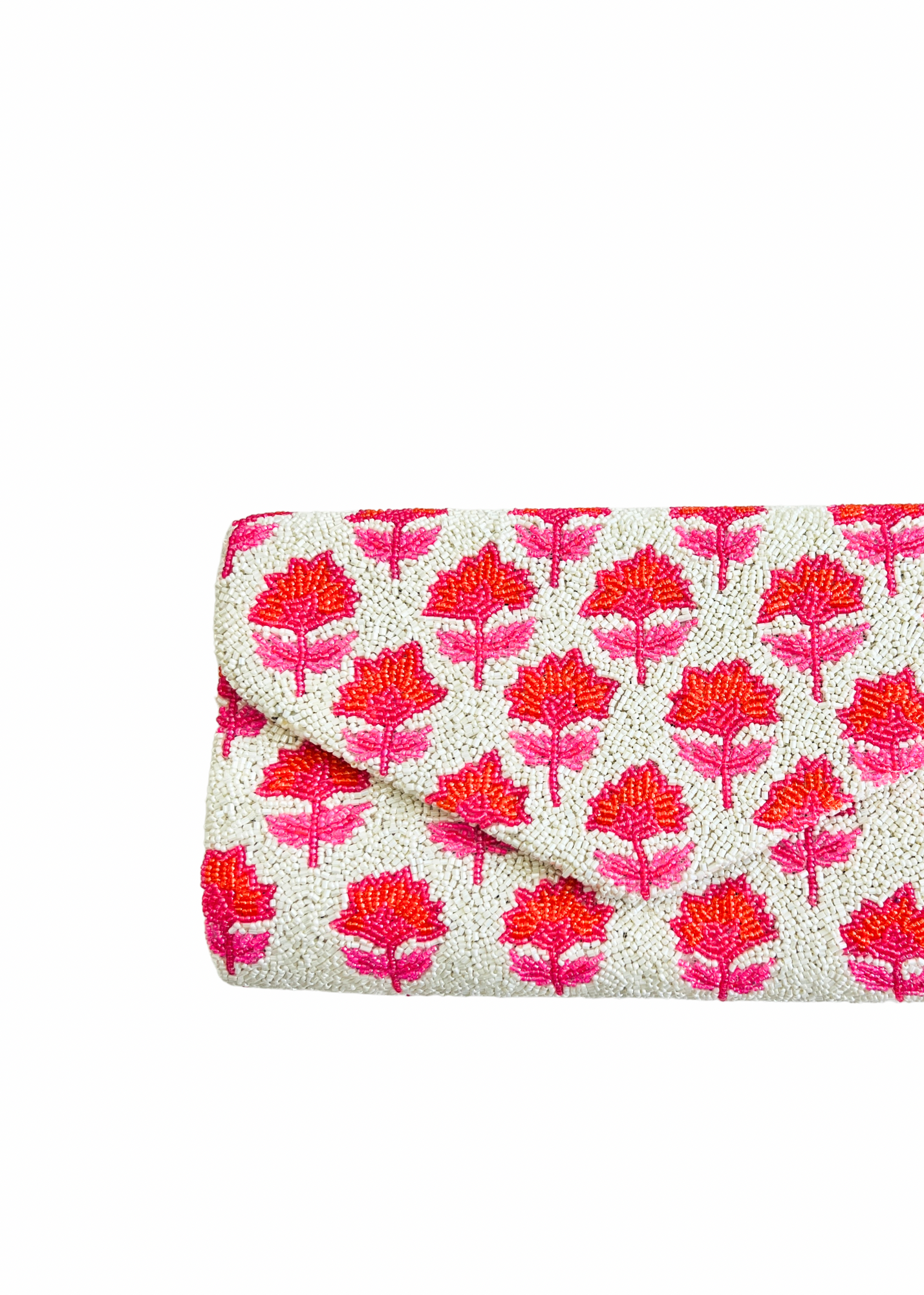 Hand beaded pink and orange block print floral trellis clutch