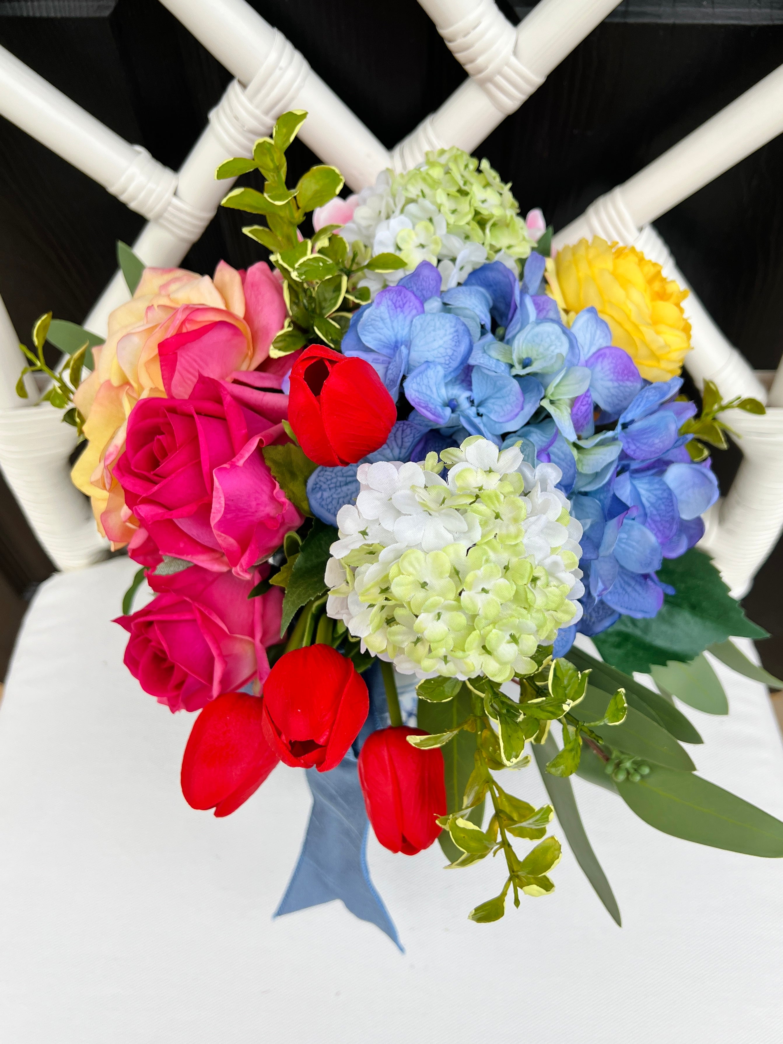 Faux flower drop-in bouquet arrangement, bright colors mixed floral