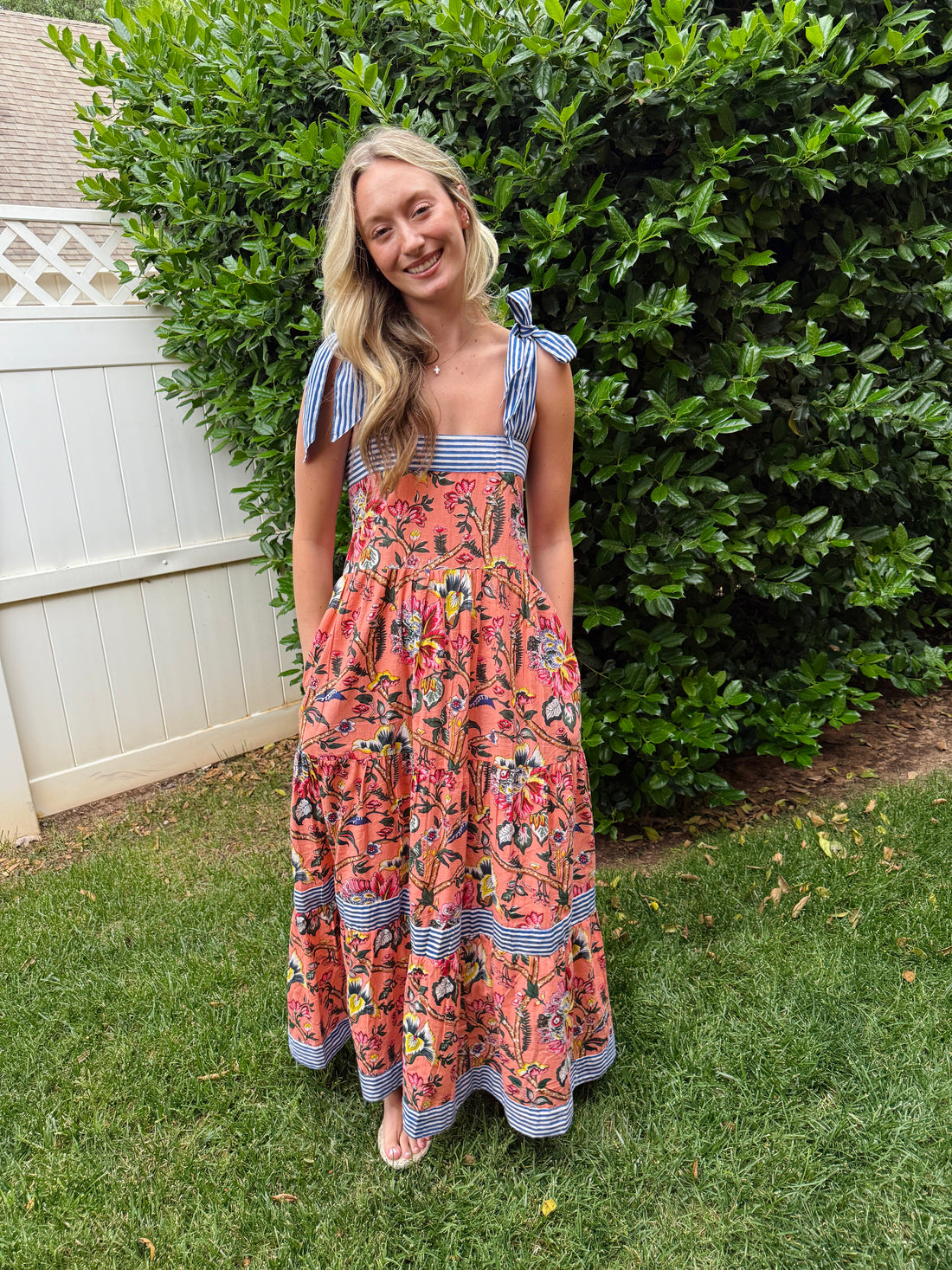 Maisie Maxi Dress in Coral English Floral block print