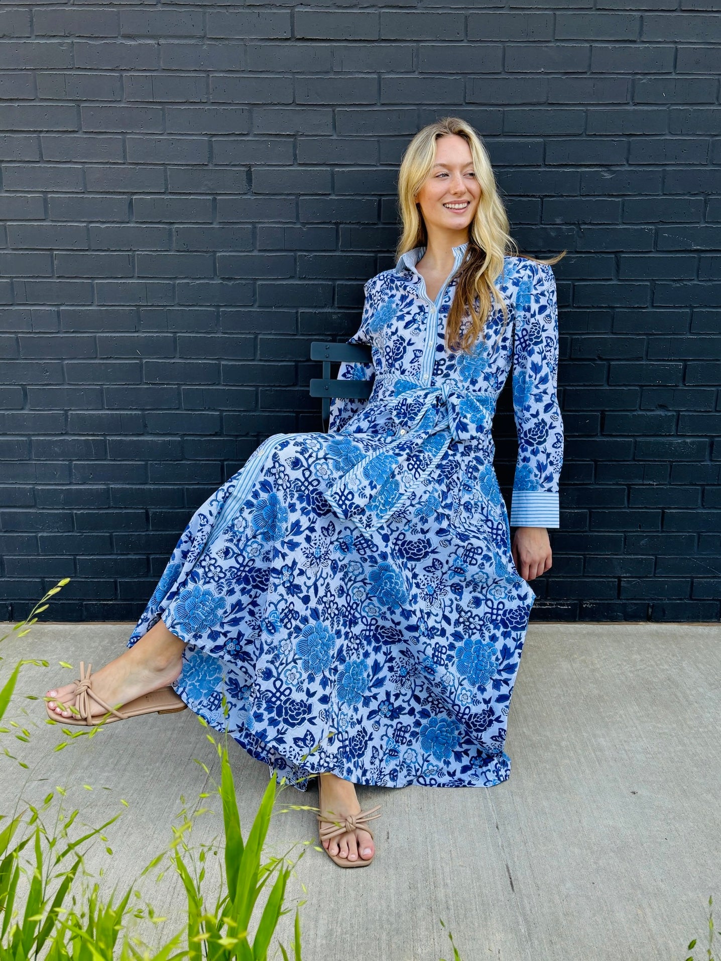 The Mary maxi shirtdress in blue and white porcelain block print