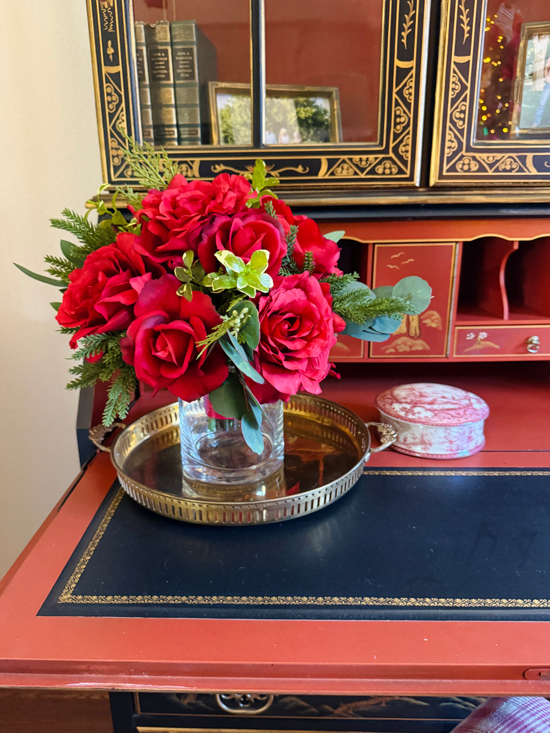 Red roses and cedar faux floral drop-in bouquet
