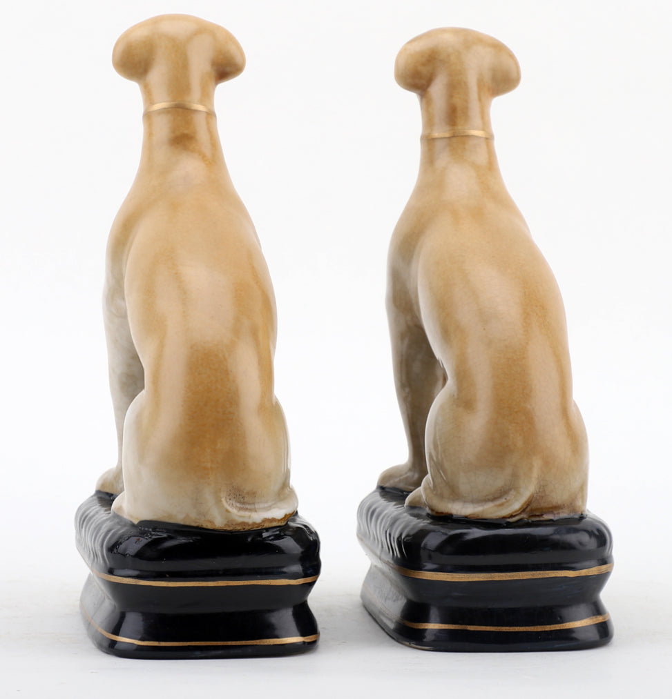Staffordshire dog pair Whippets on cushions 8.5” tall