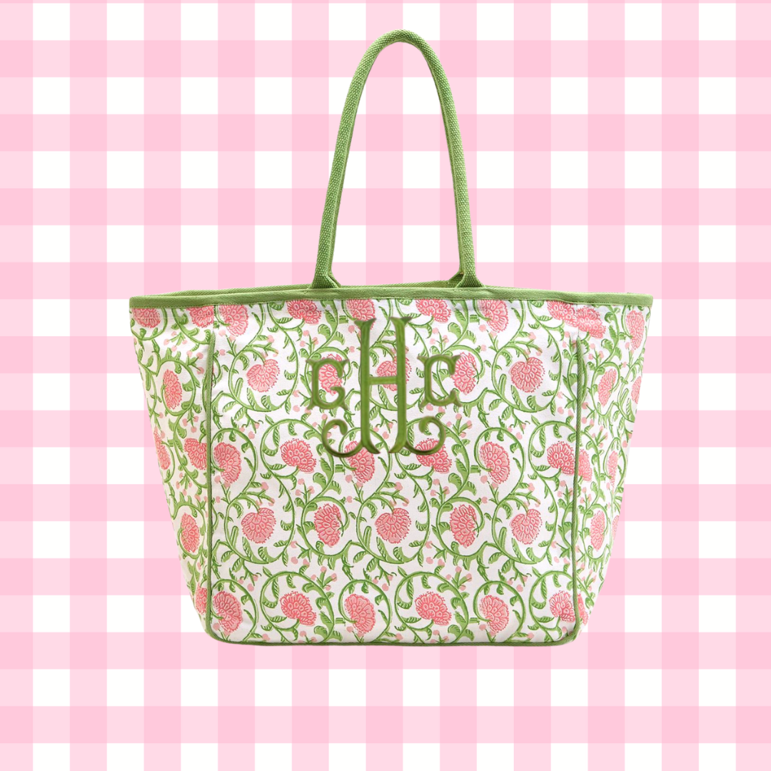Floral block print tote bag, 3 colors, monogram available