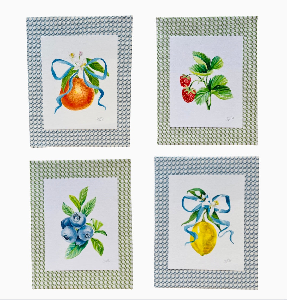 Sarah Drayton fruit art prints with fabric covered mat