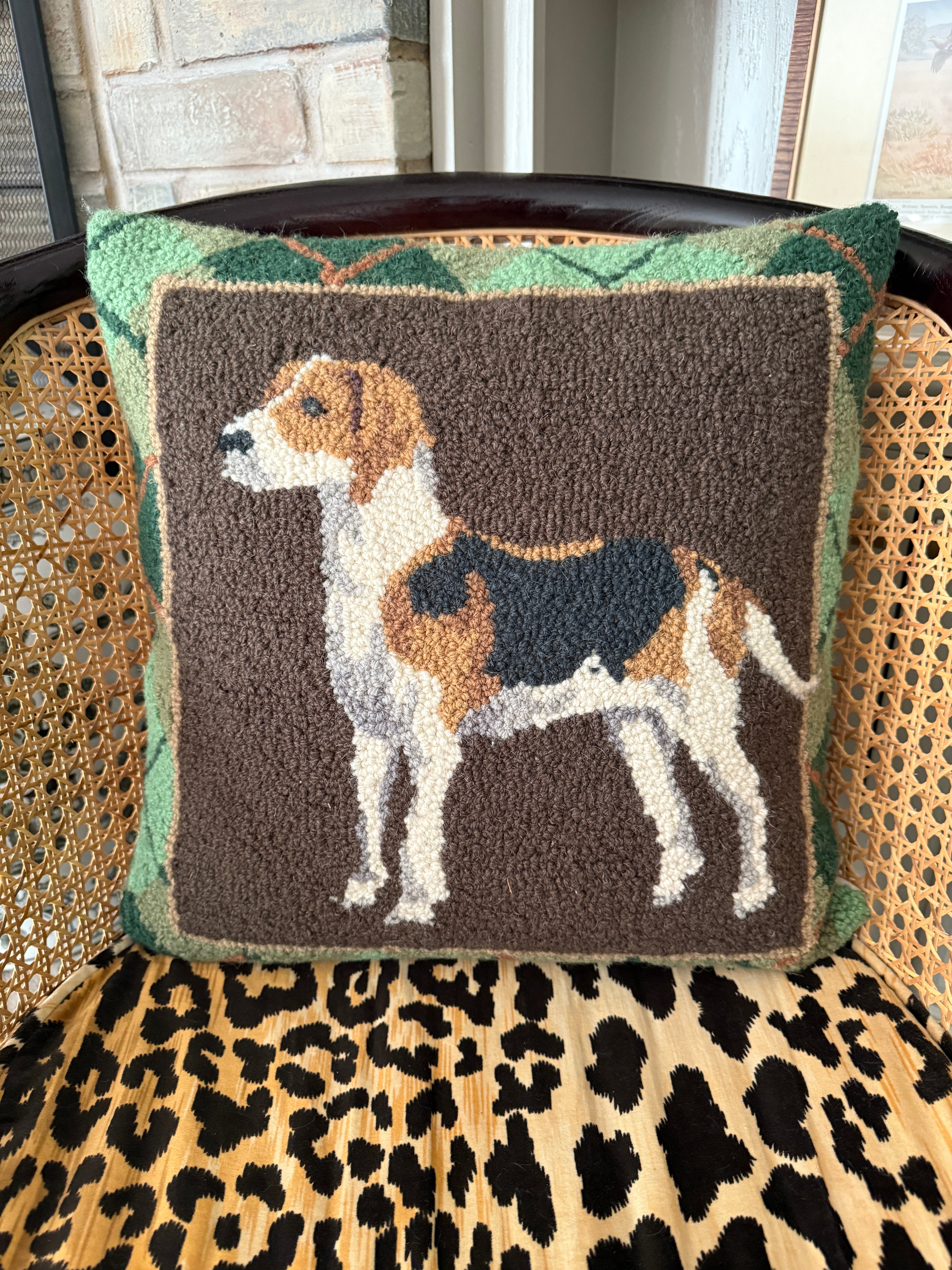 Hand hooked wool foxhound dog pillow