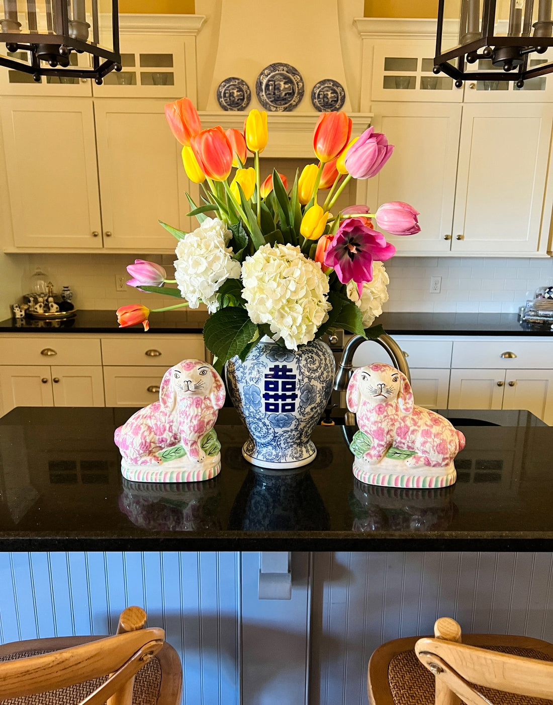 Pink floral Staffordshire bunny figurine pair