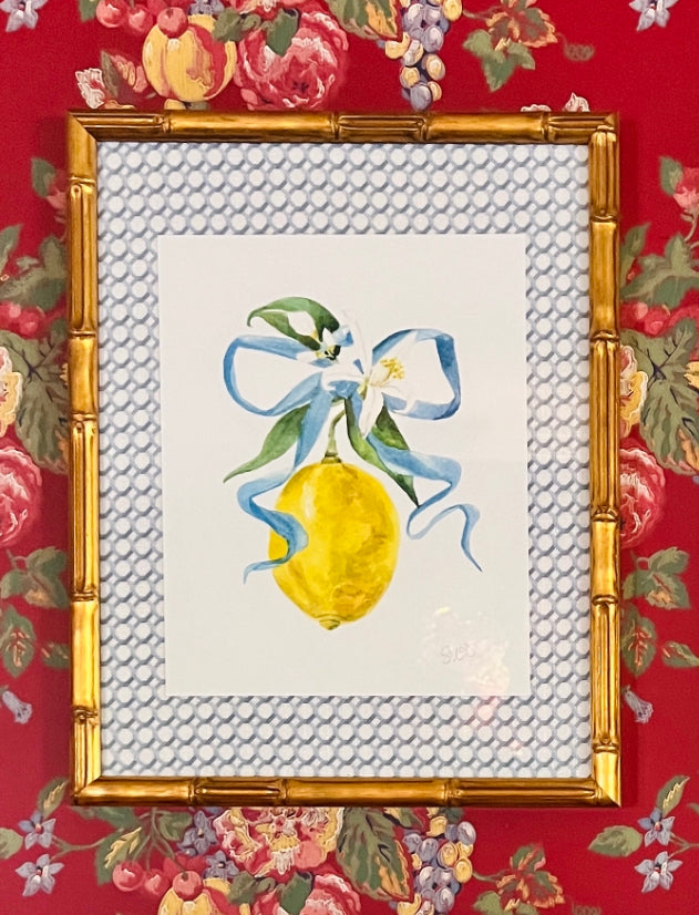 Sarah Drayton fruit art prints with fabric covered mat