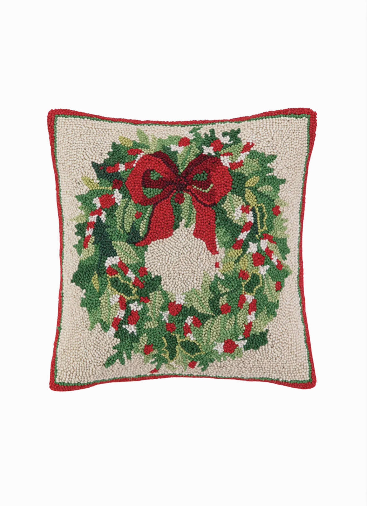Holiday wreath with bow hand hooked pillow