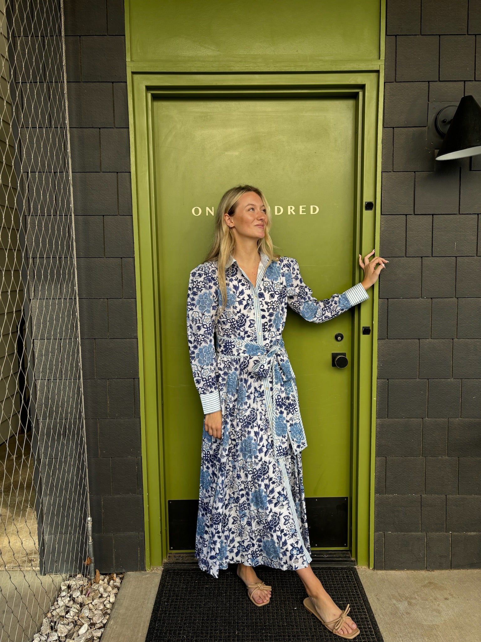The Mary maxi shirtdress in blue and white porcelain block print