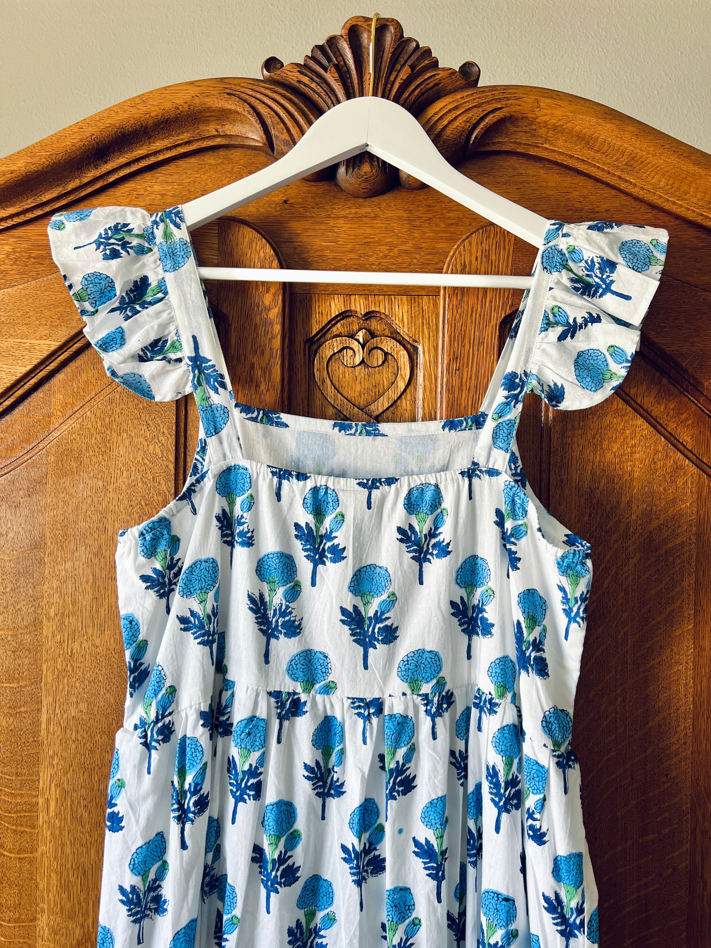 Blue and white blossom ruffle shoulder maxi sundress