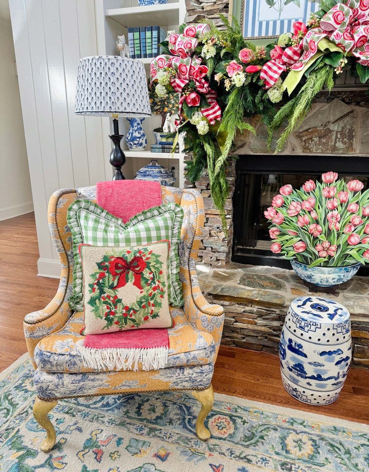 Holiday wreath with bow hand hooked pillow