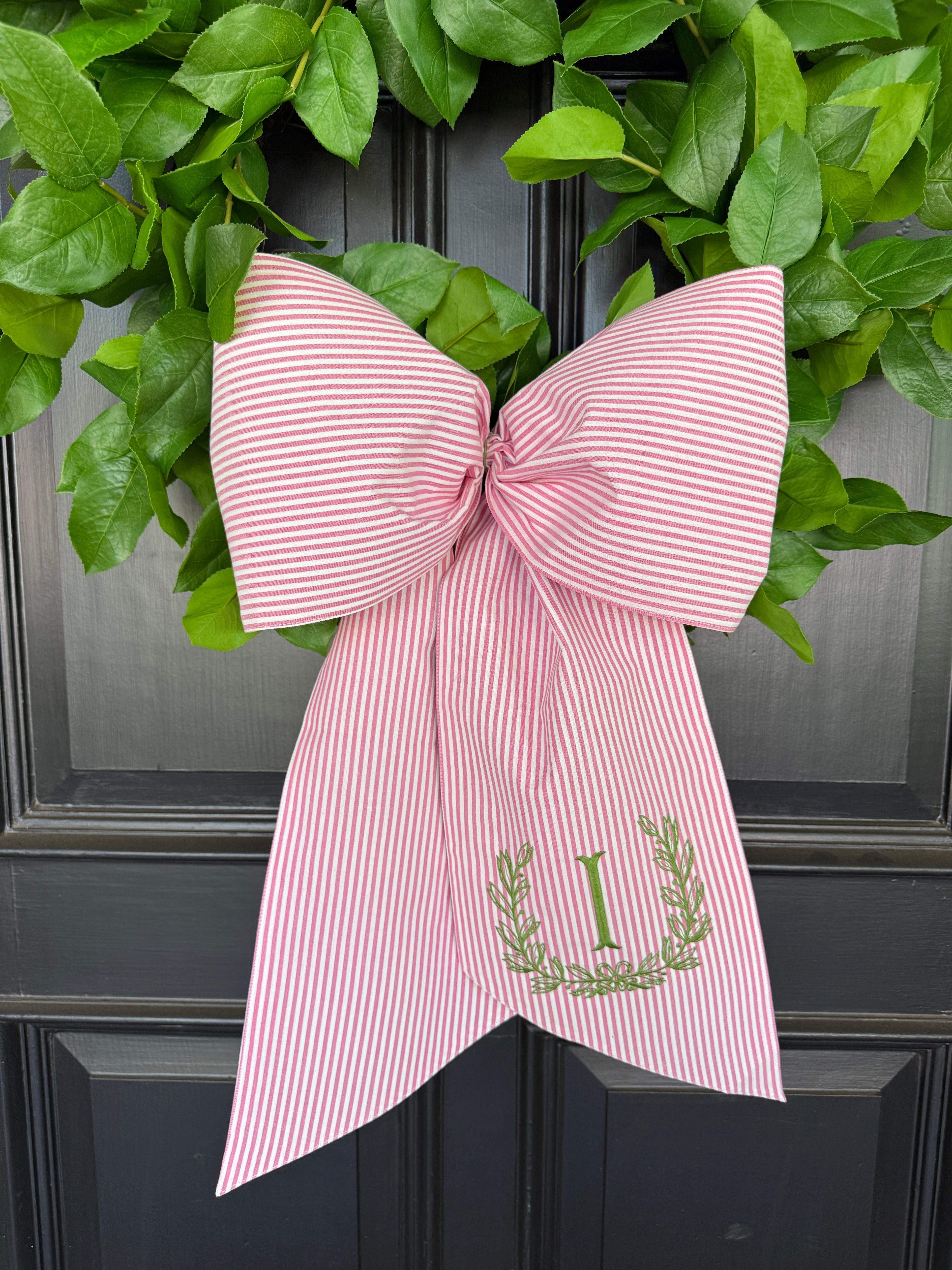 Pink striped jumbow wreath sash monogram available