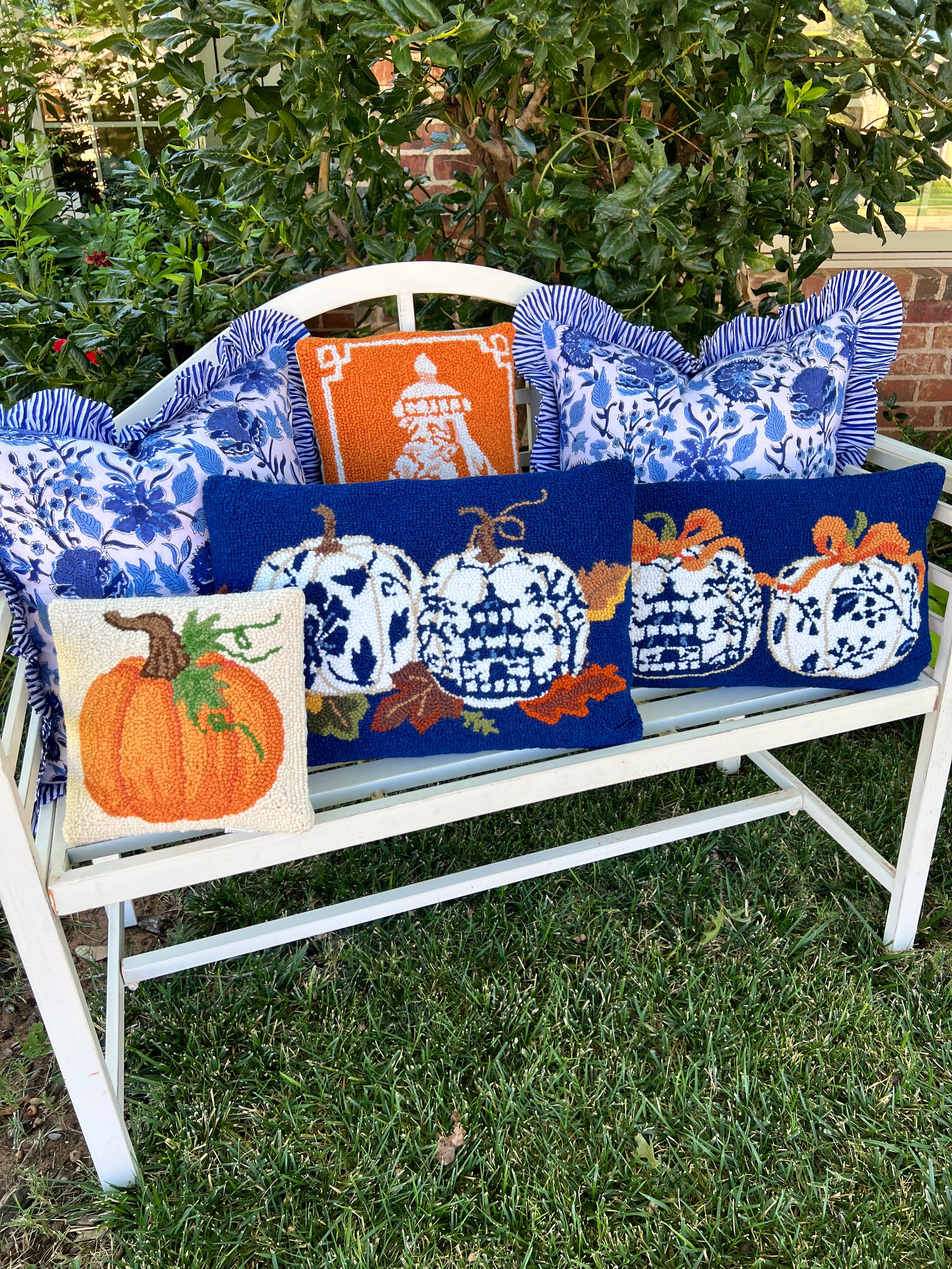 Blue chinoiserie pumpkin hooked pillow