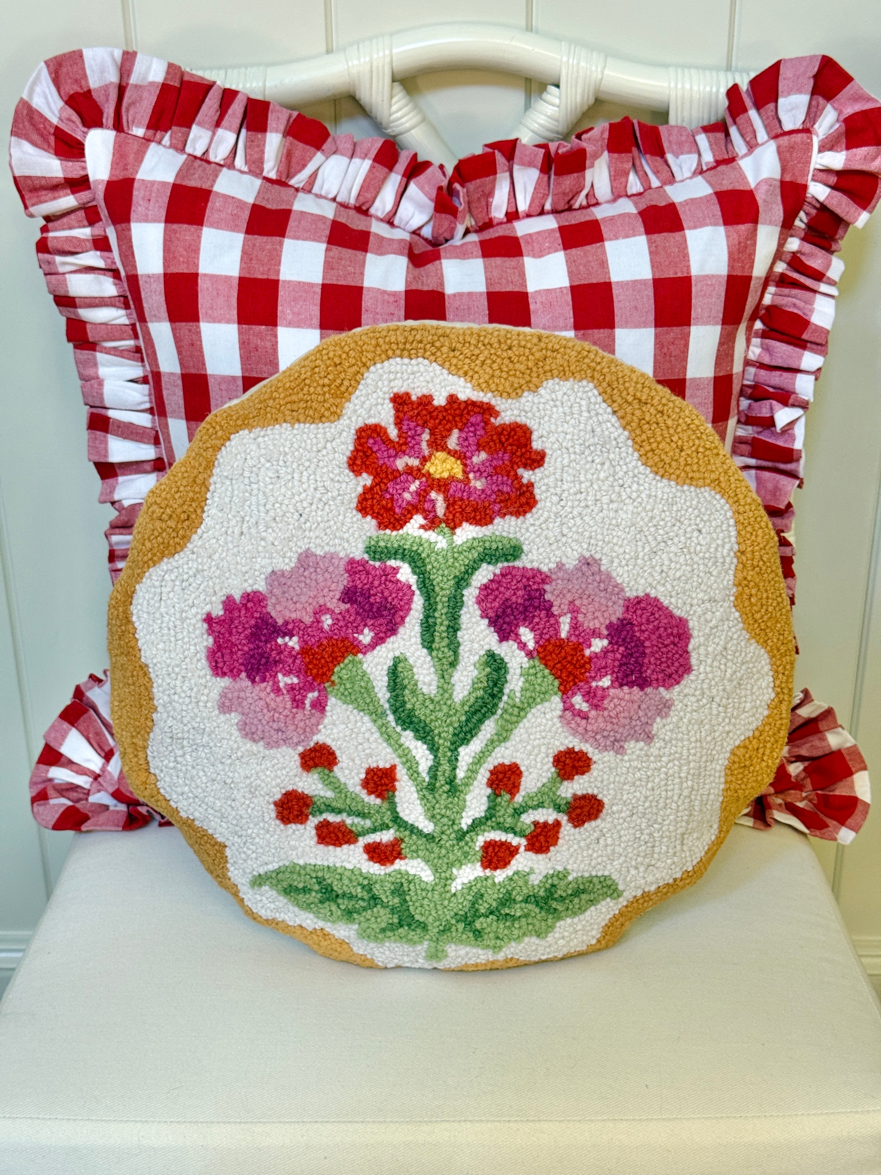 Mughal red and pink flower hand hooked pillow