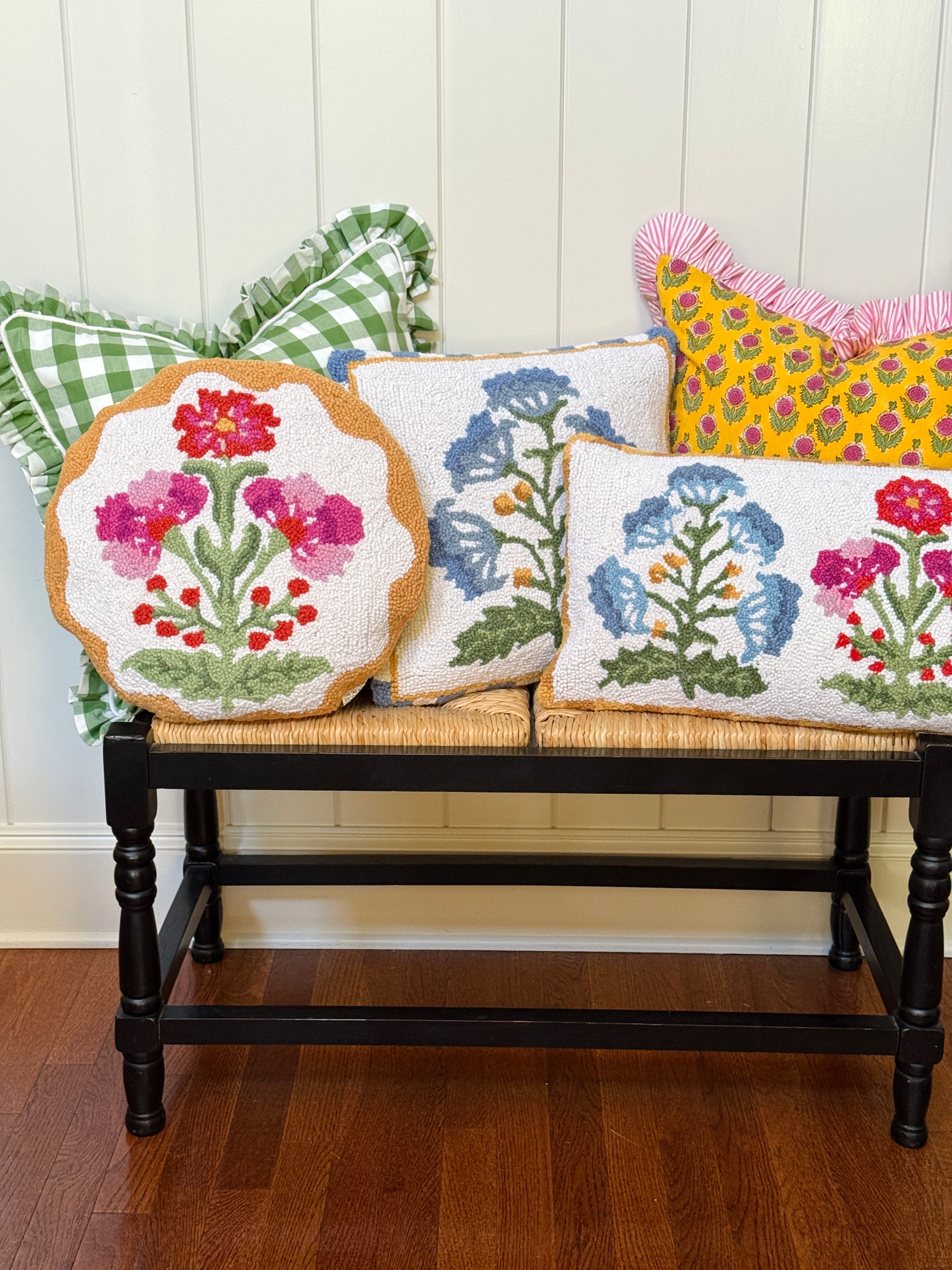 Mughal pink and blue flower hand hooked lumbar pillow