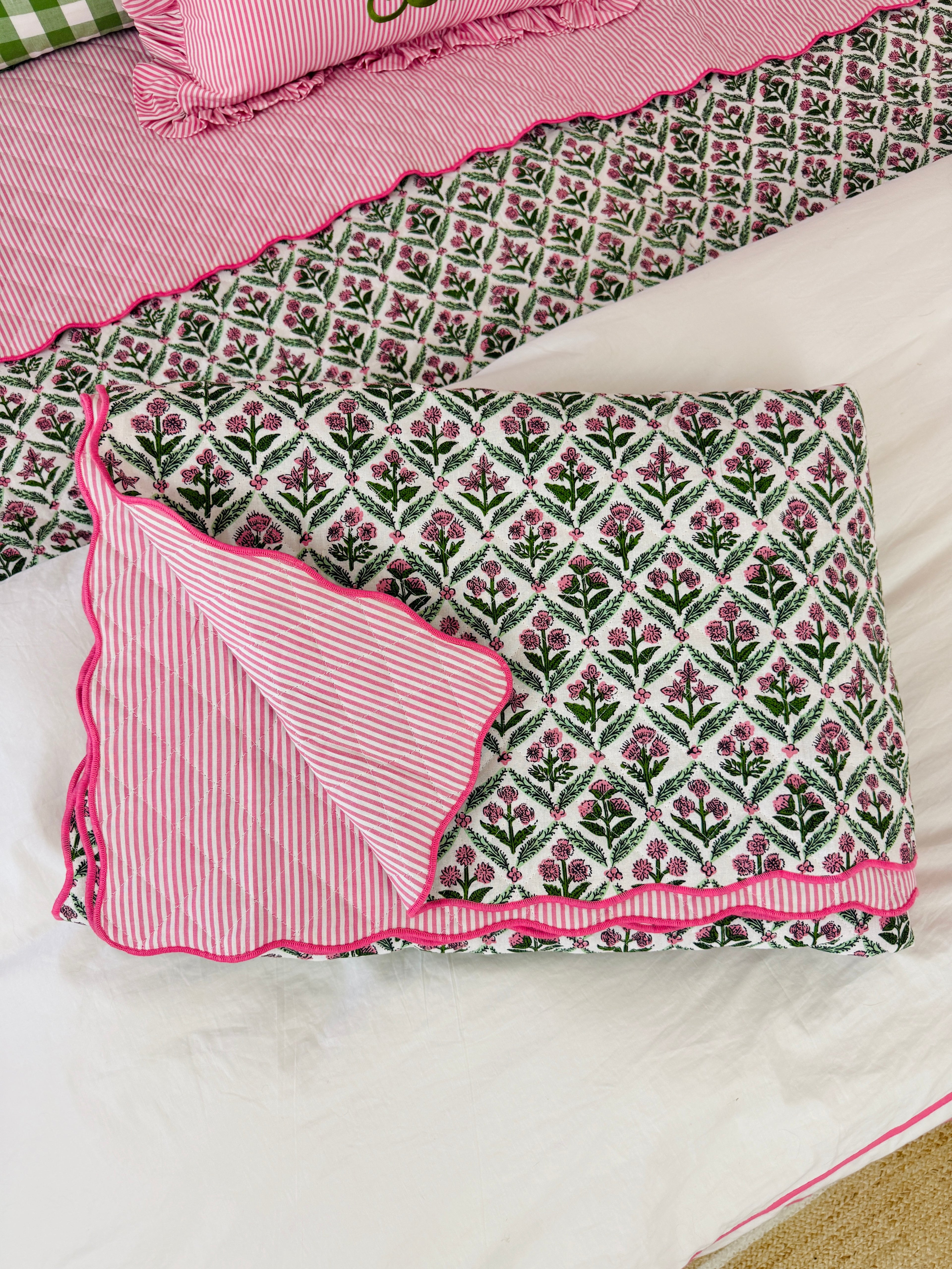 Pink and green floral trellis block print bedding collection
