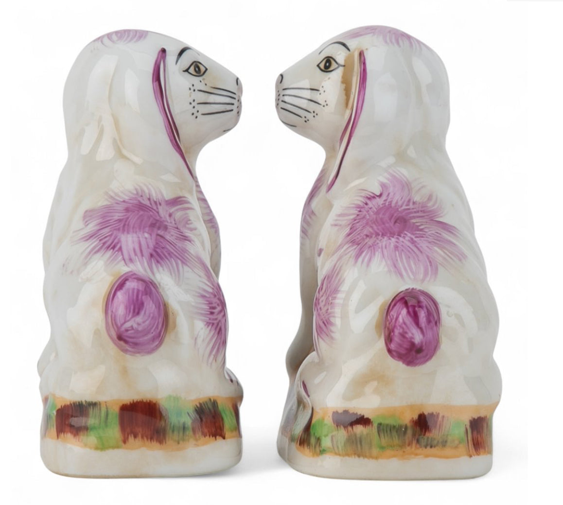 Mini pink porcelain Staffordshire bunny figurine pair