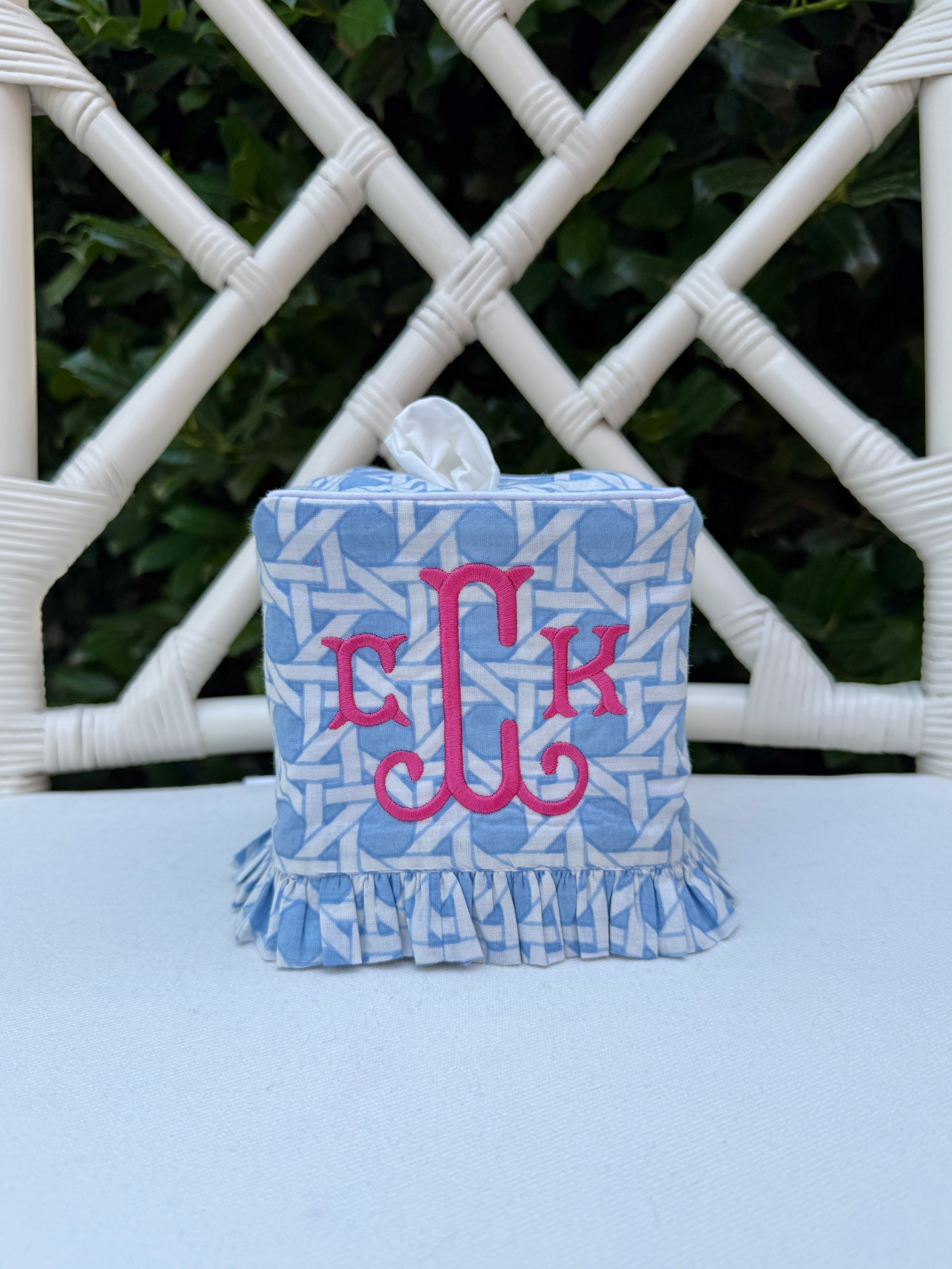 Light blue cane trellis block printed ruffle tissue cover, custom monogram available