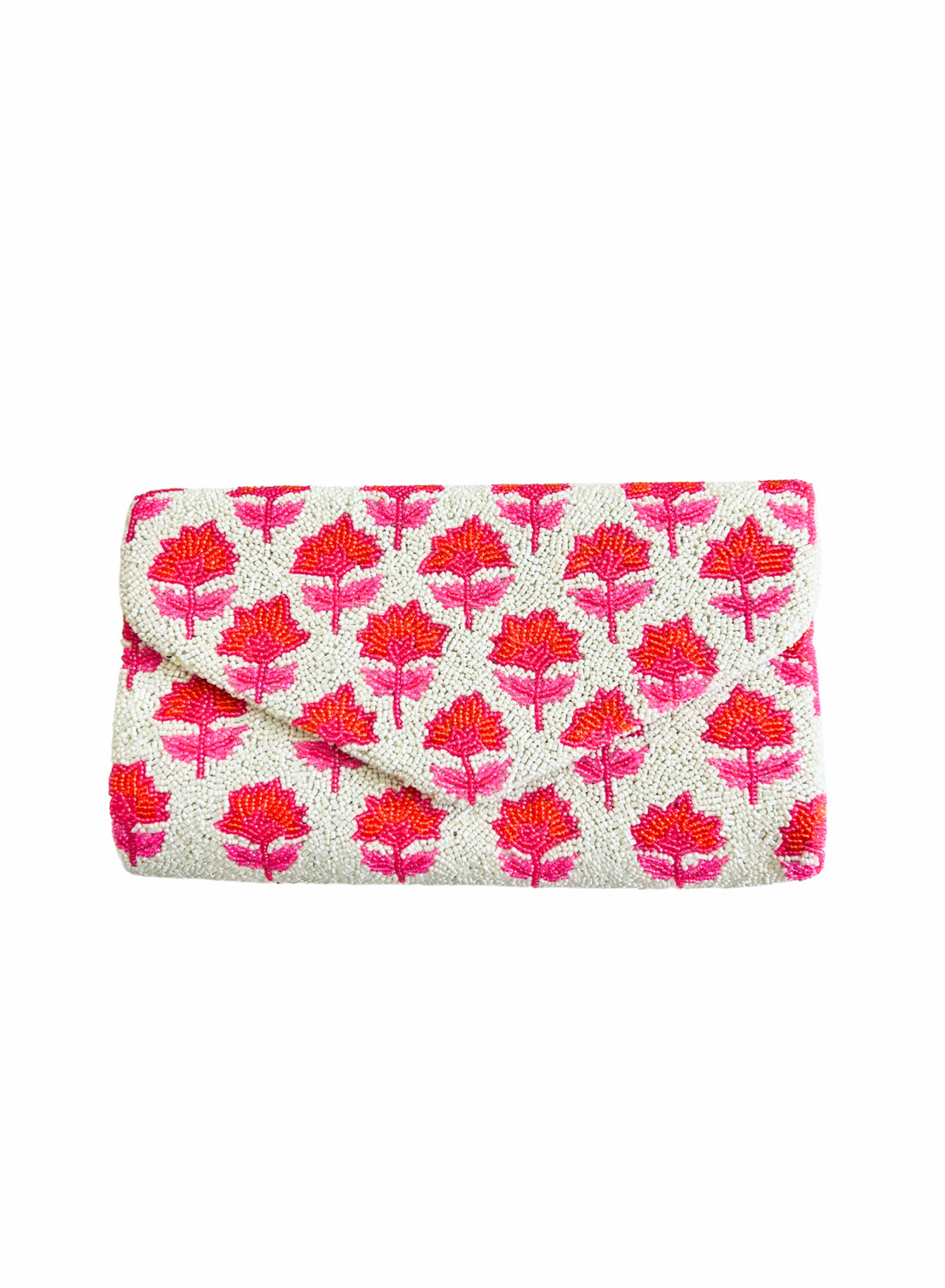 Hand beaded pink and orange block print floral trellis clutch