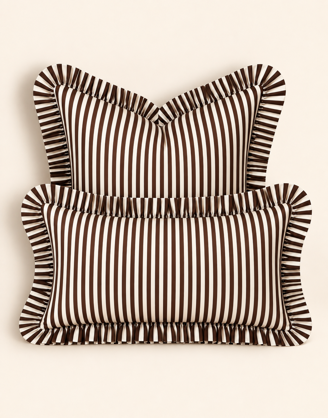 Brown and cream striped ruffle pillow cover, two sizes
