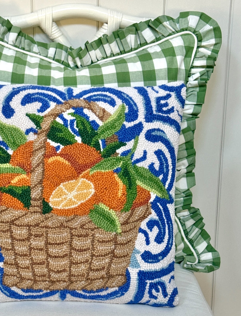 Mediterranean oranges in basket hand hooked pillow