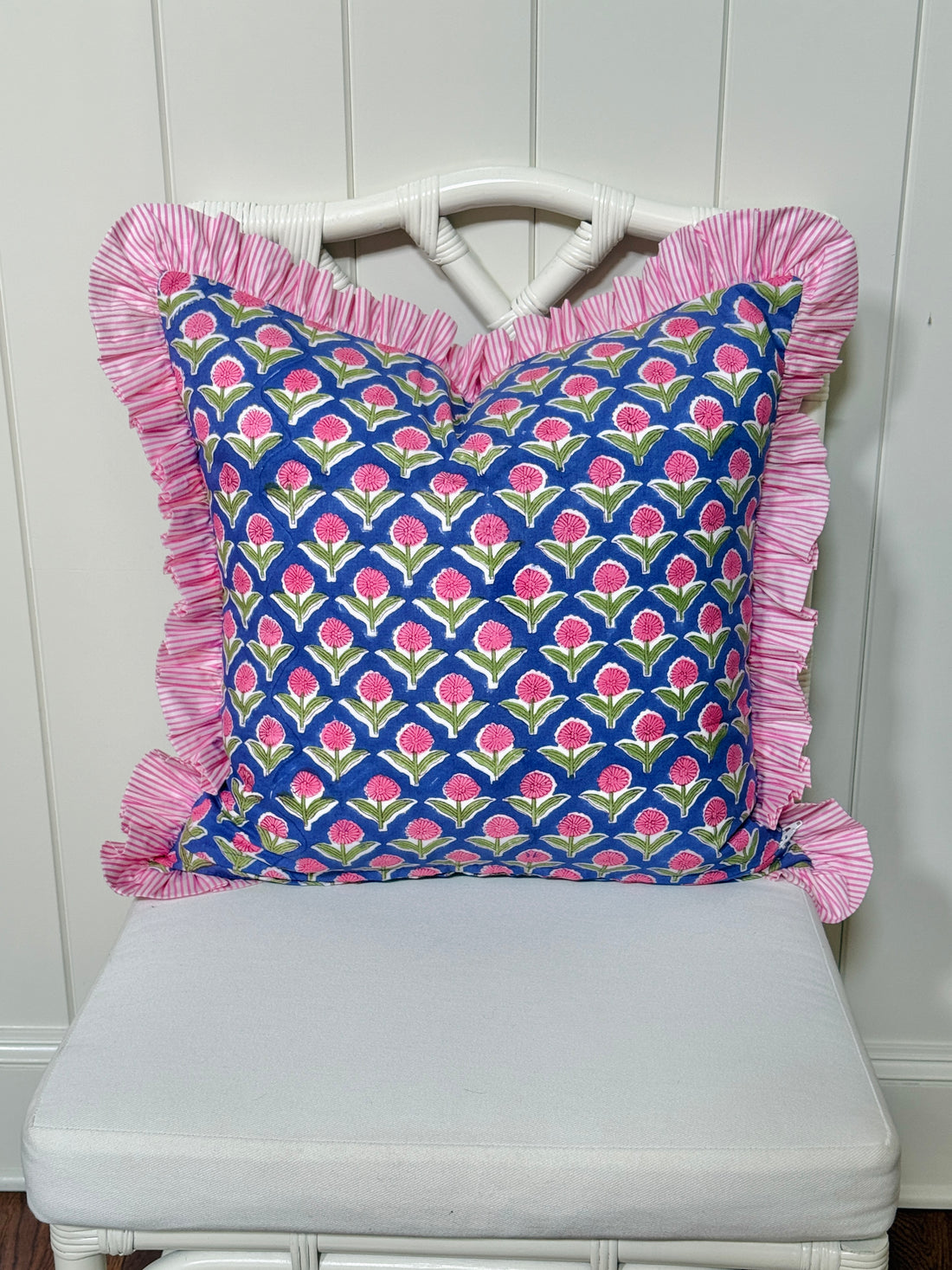 Violet and pink block print floral pillow cover, monogram available