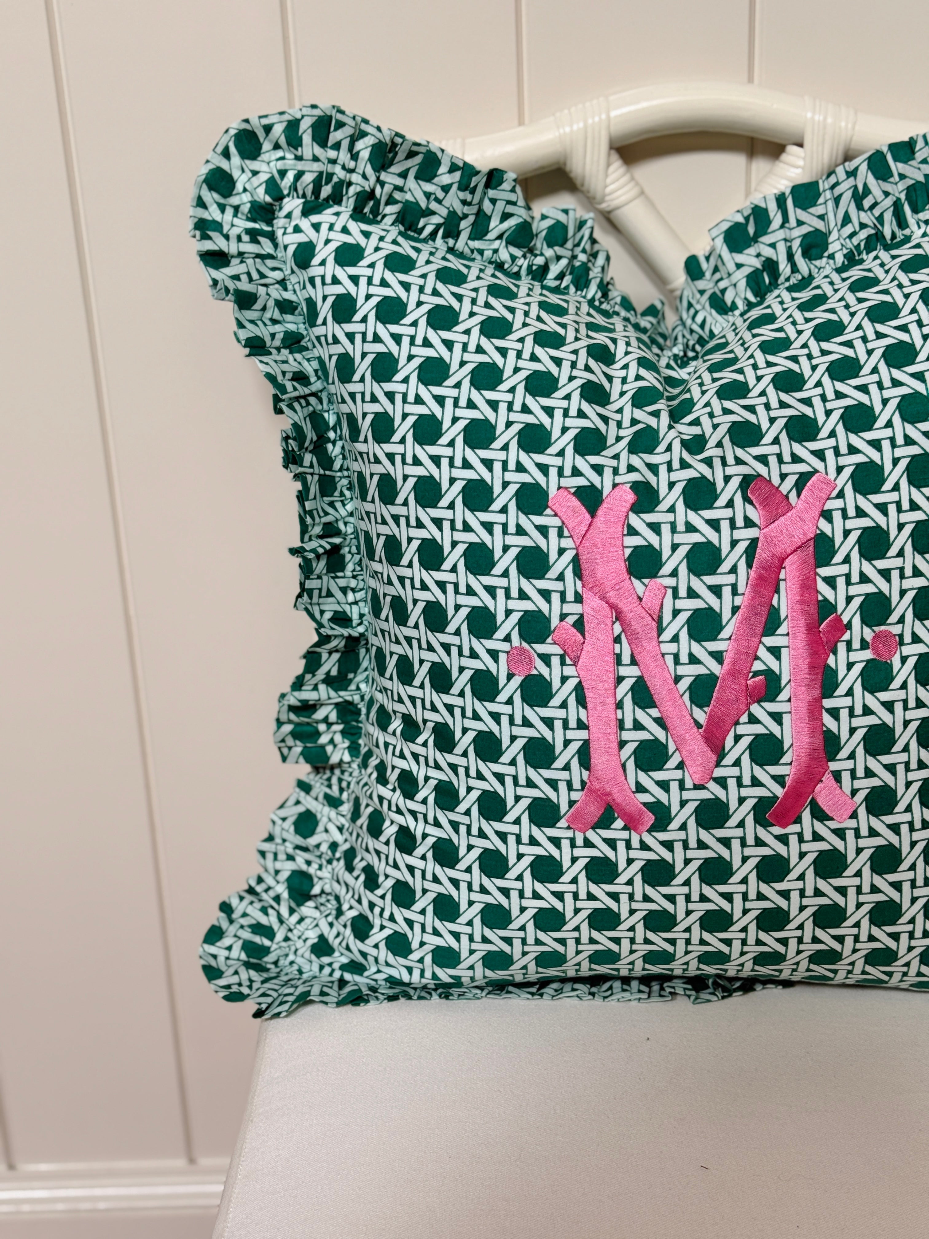 Emerald green cane trellis block print pillow cover, monogram available