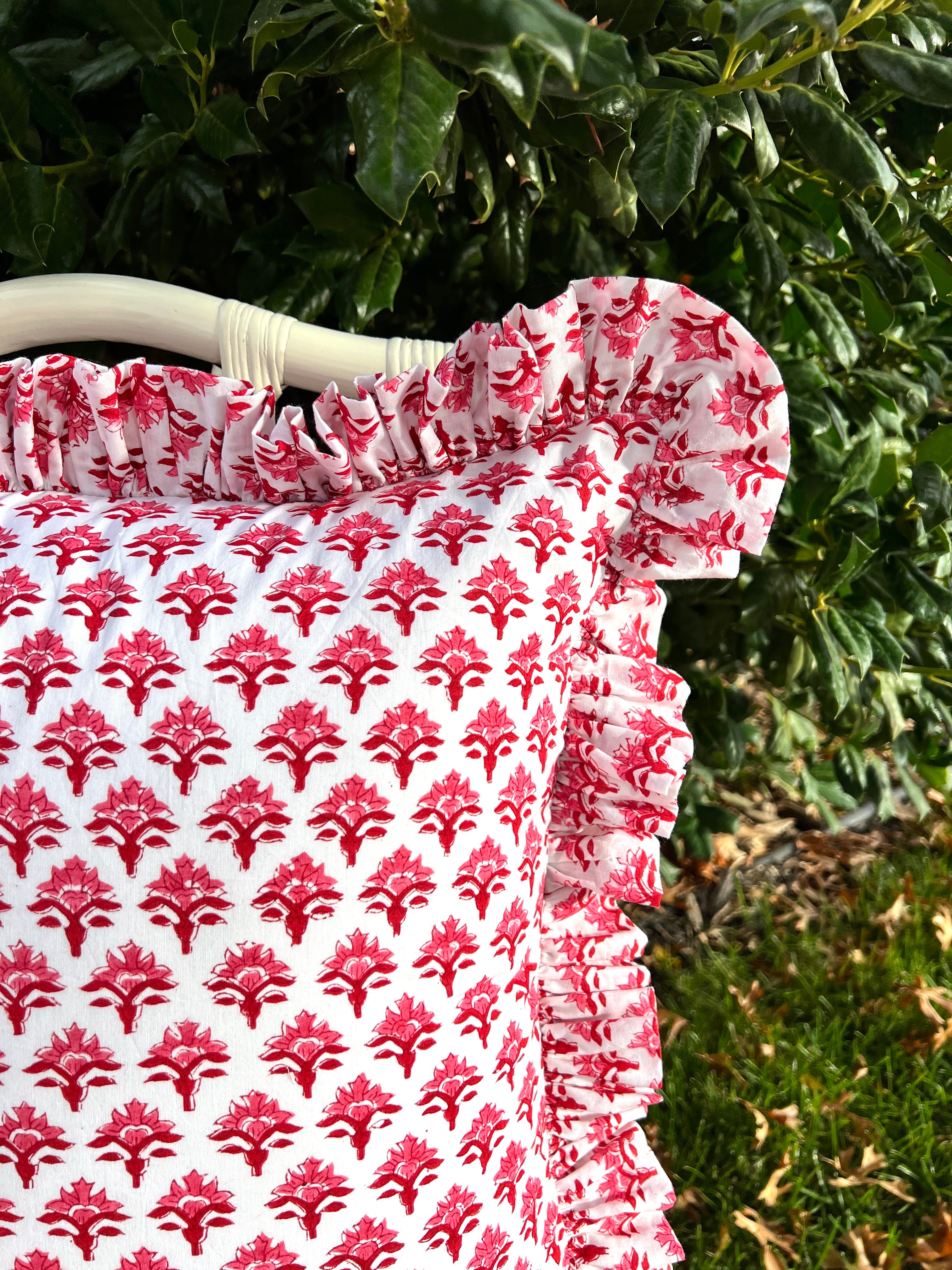 Red and pink block print pillow cover