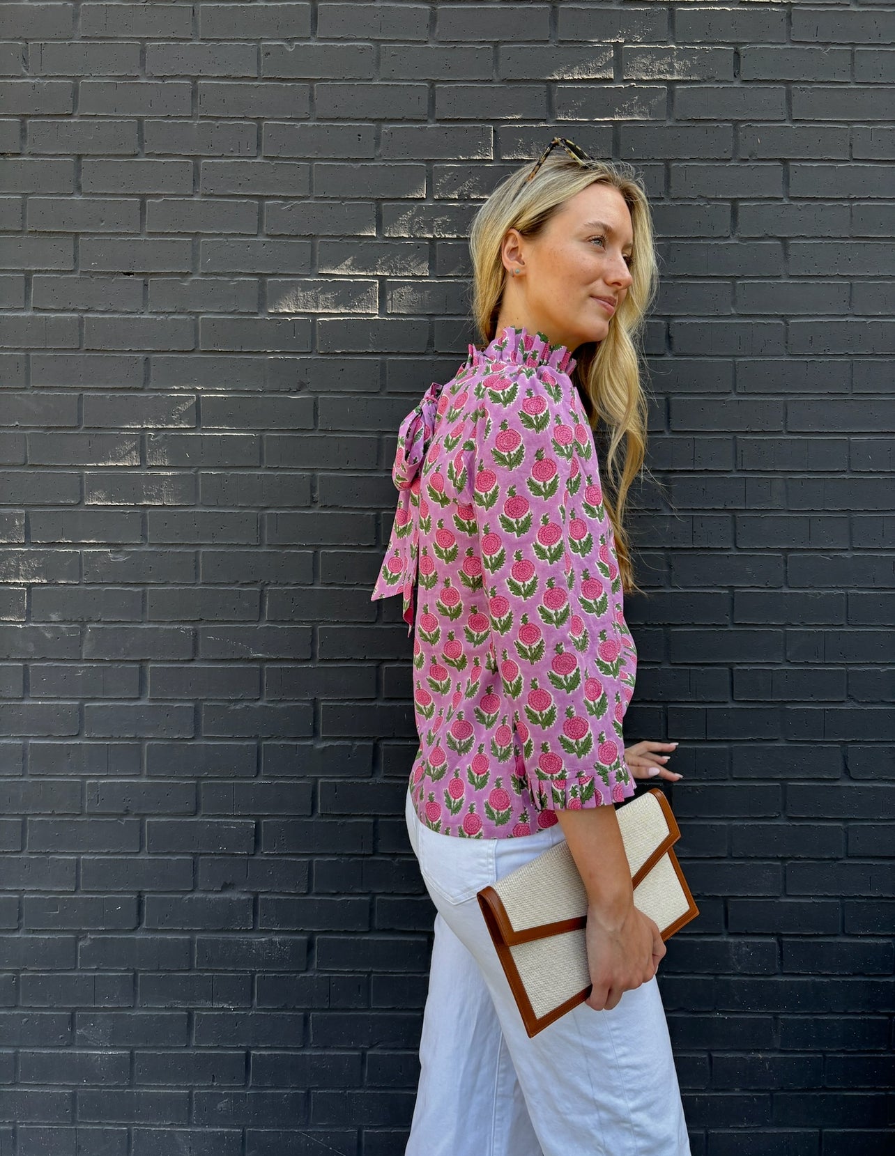 Maisie bow back top in Pink Posy block print