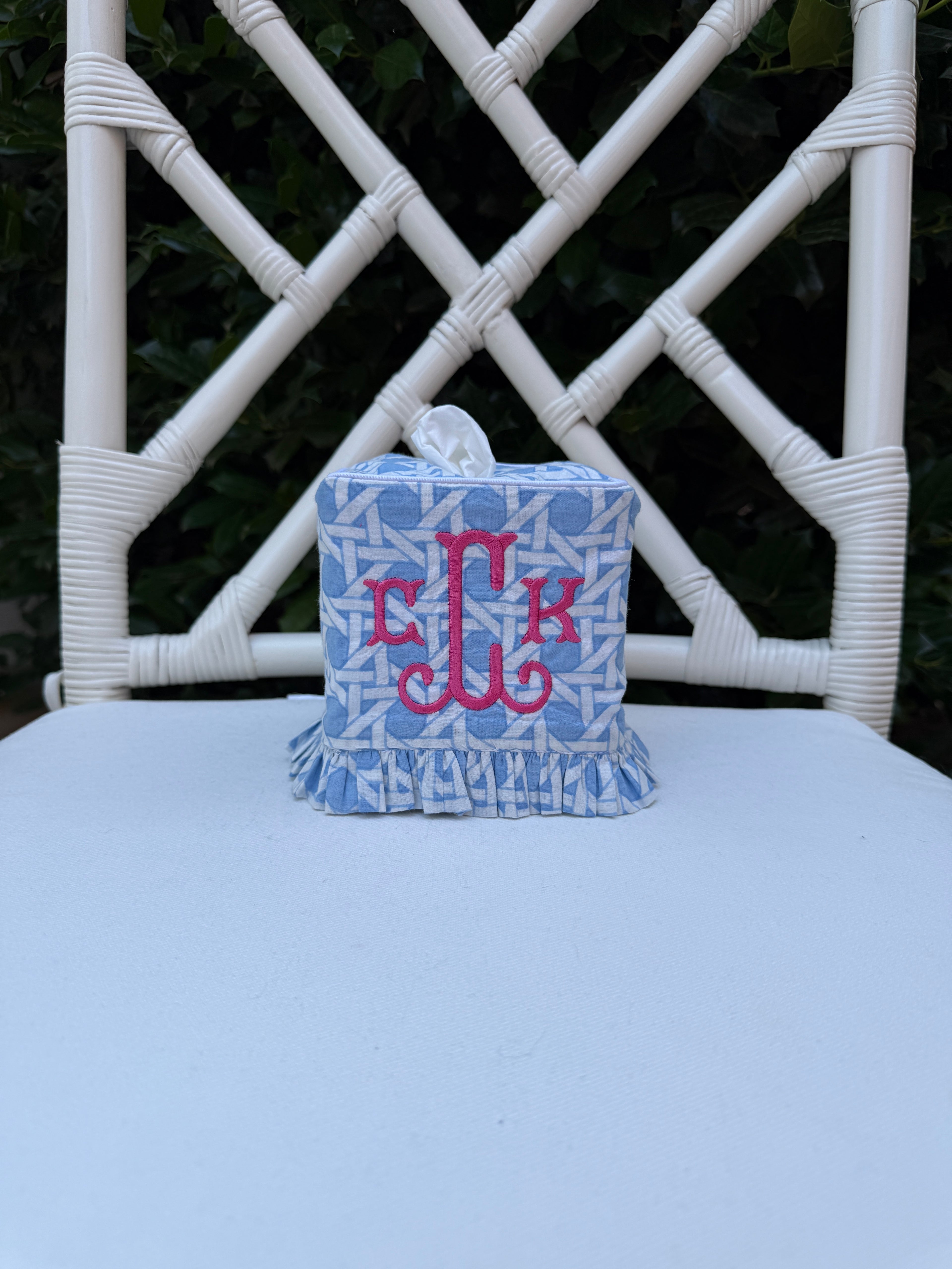 Light blue cane trellis block printed ruffle tissue cover, custom monogram available