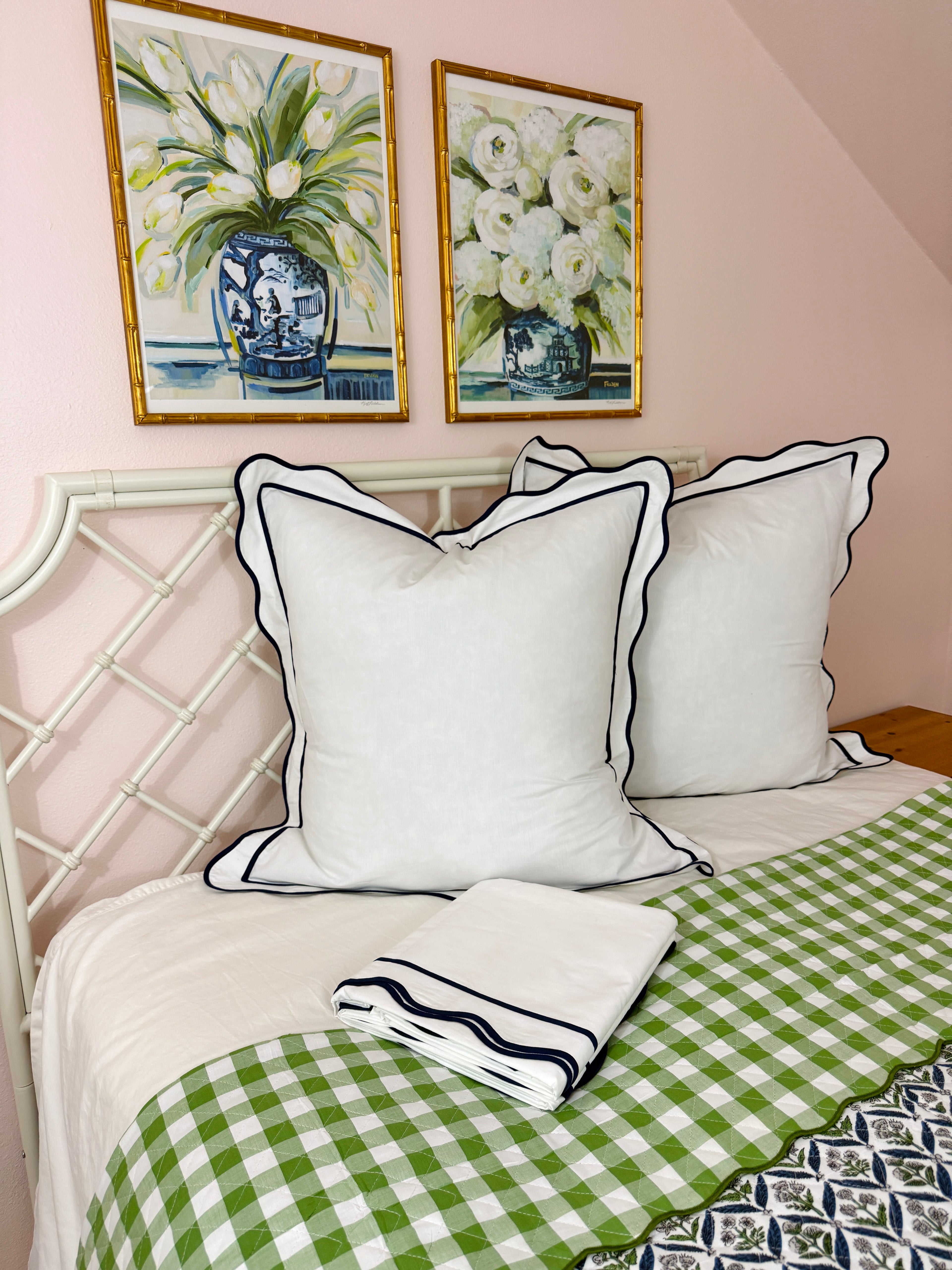 Blue and green floral trellis block print bedding collection